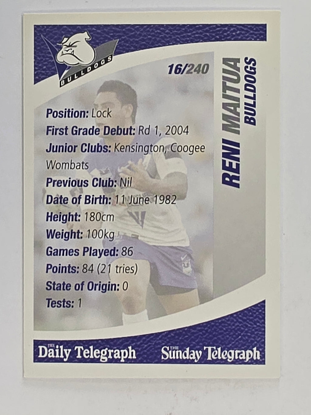 NRL 2008 Daily Telegraph | #016 | Reni Maitua | Canterbury Bankstown Bulldogs