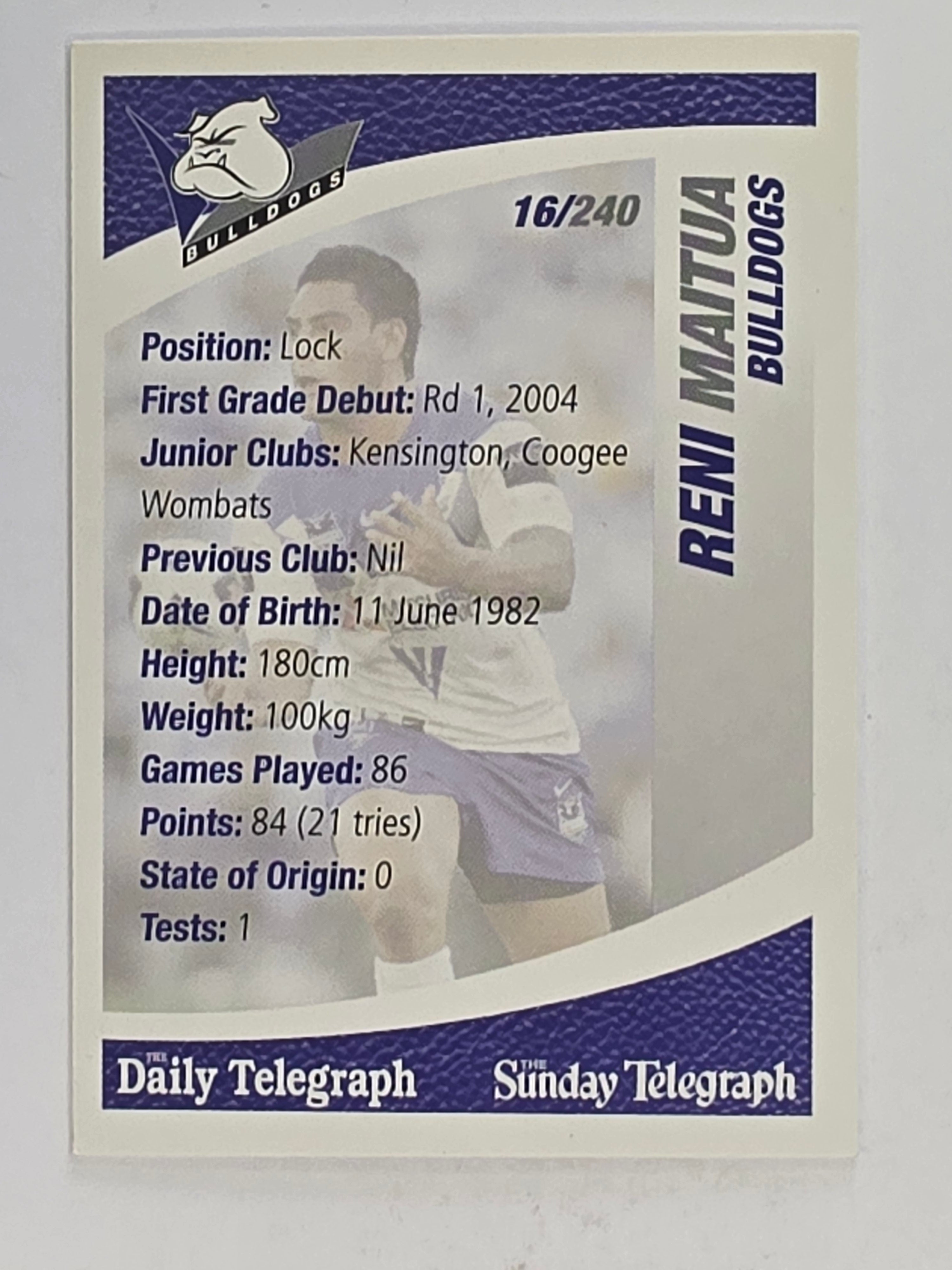 NRL 2008 Daily Telegraph | #016 | Reni Maitua | Canterbury Bankstown Bulldogs