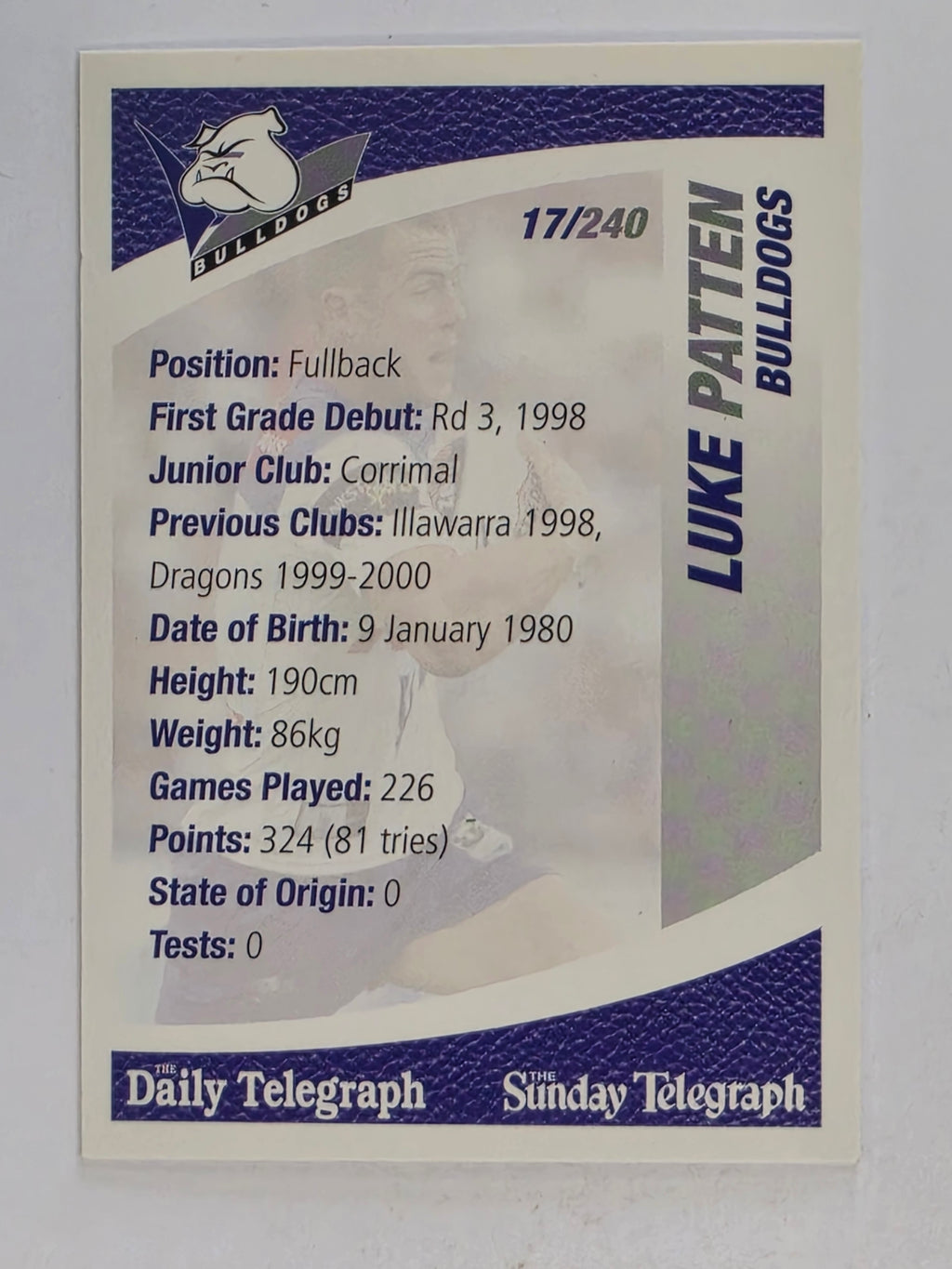 NRL 2008 Daily Telegraph | #017 | Luke Patten | Canterbury Bankstown Bulldogs