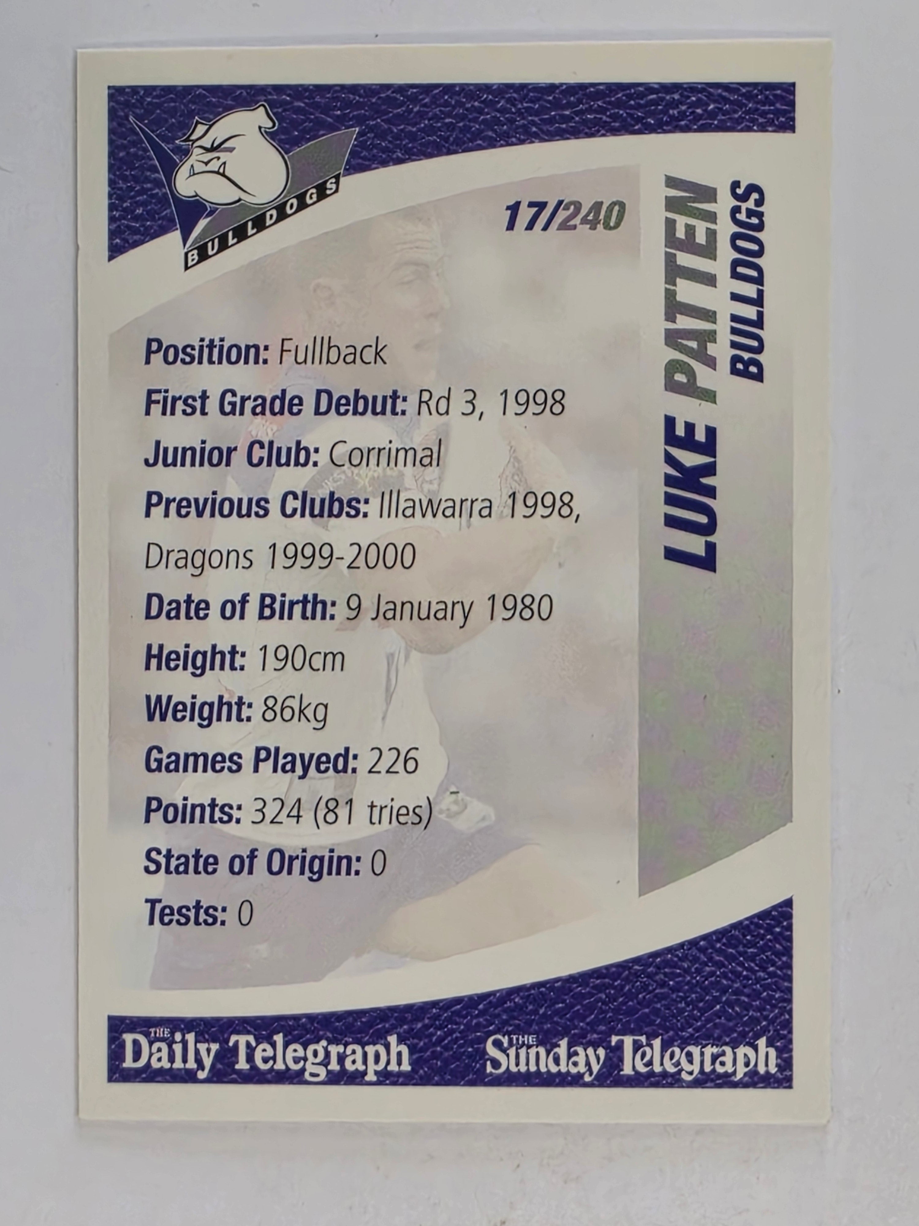 NRL 2008 Daily Telegraph | #017 | Luke Patten | Canterbury Bankstown Bulldogs
