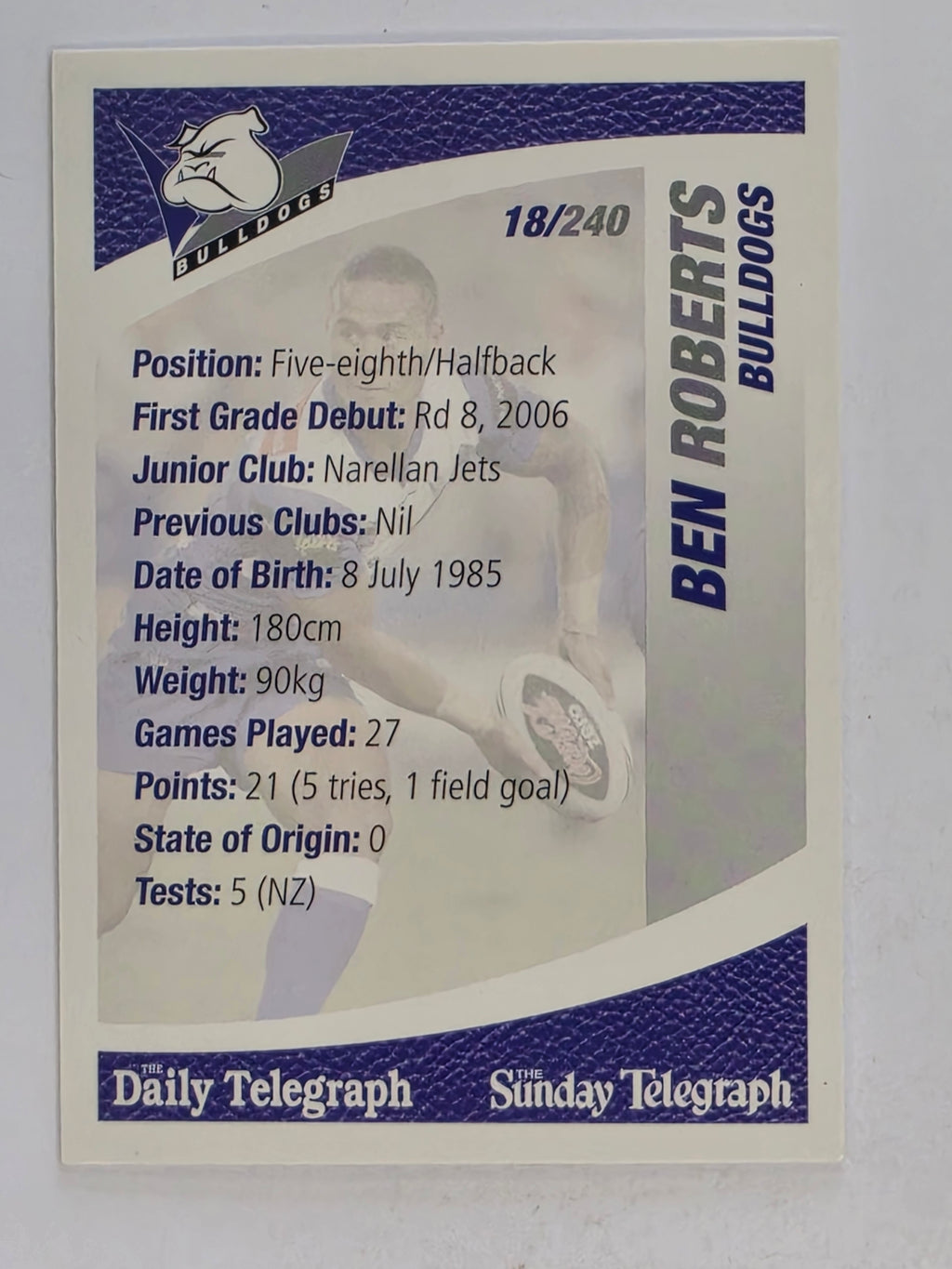 NRL 2008 Daily Telegraph | #018 | Ben Roberts | Canterbury Bankstown Bulldogs