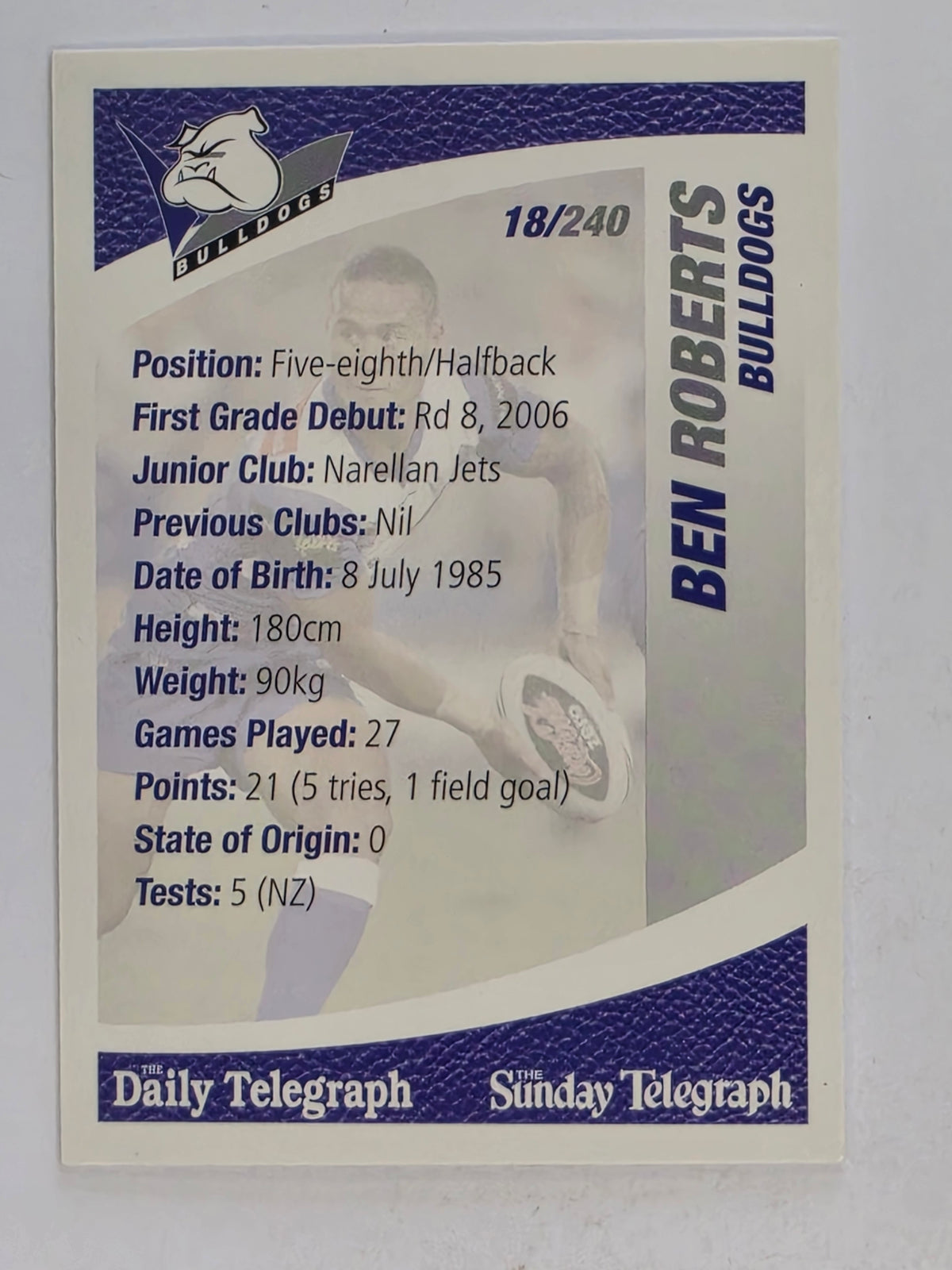 NRL 2008 Daily Telegraph | #018 | Ben Roberts | Canterbury Bankstown Bulldogs