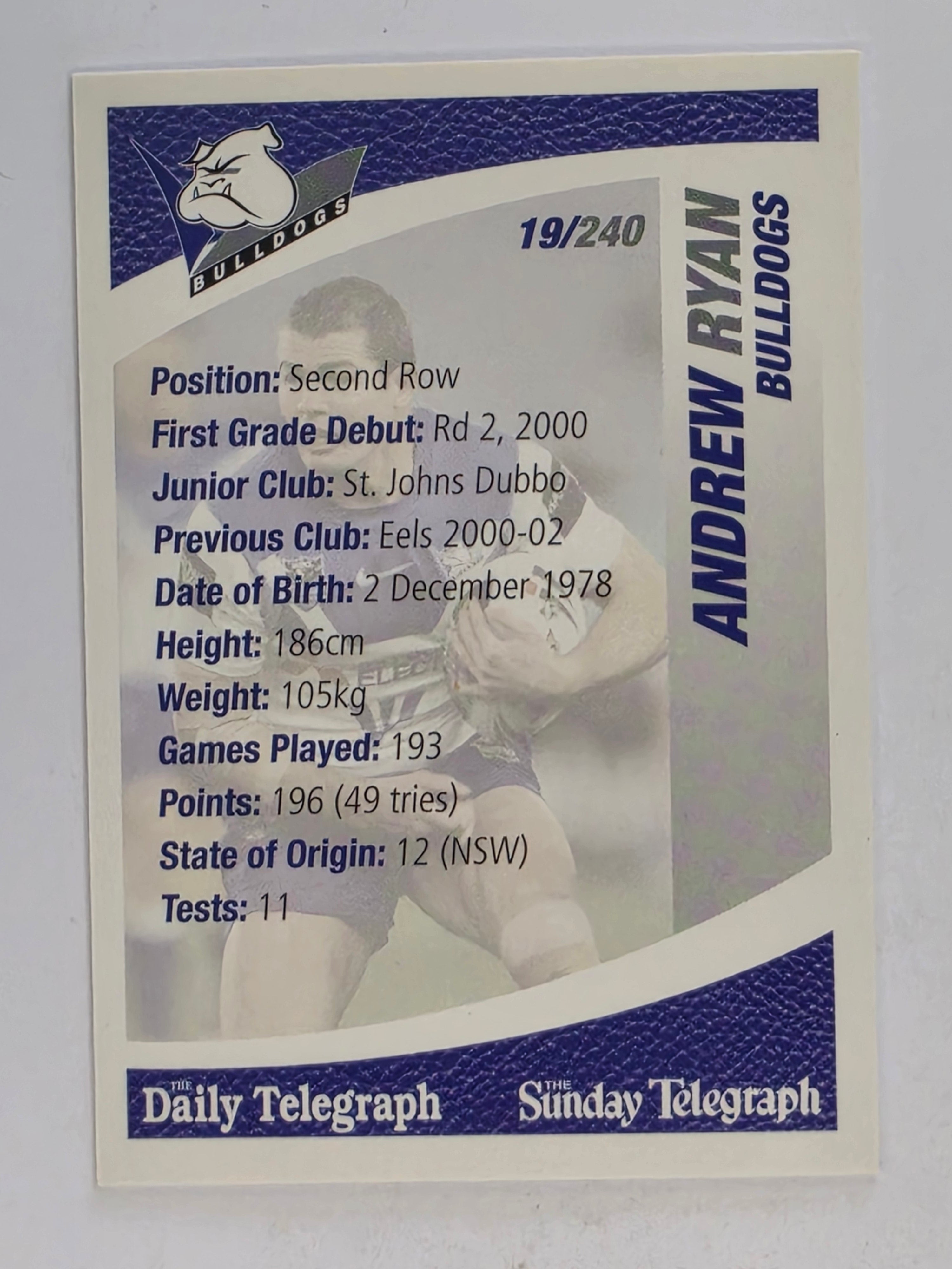 NRL 2008 Daily Telegraph | #019 | Andrew Ryan | Canterbury Bankstown Bulldogs