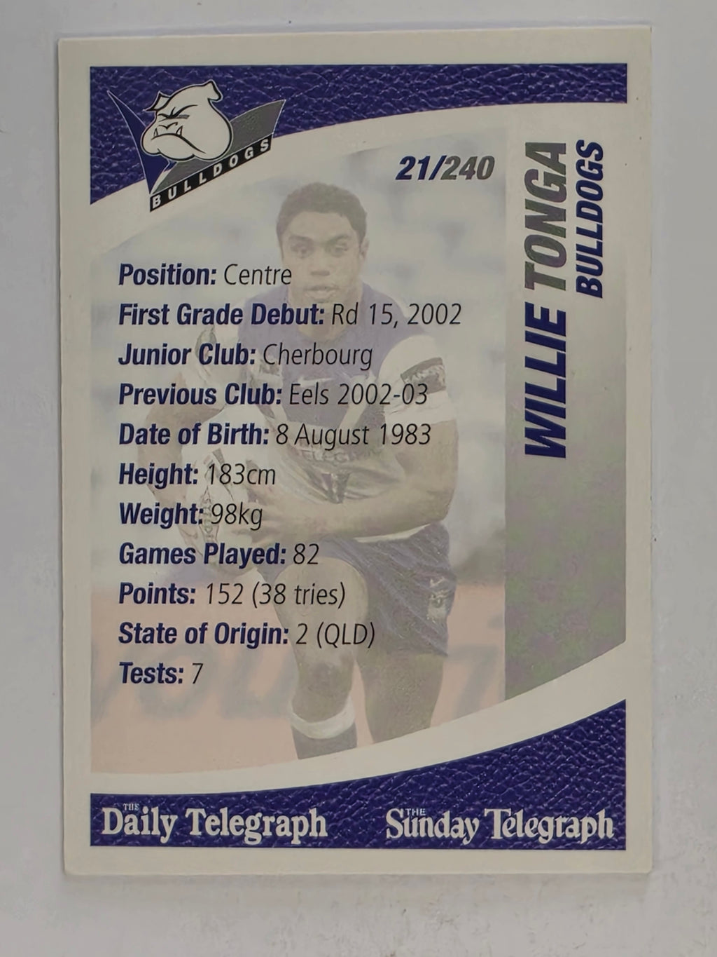 NRL 2008 Daily Telegraph | #021 | Willie Tonga | Canterbury Bankstown Bulldogs