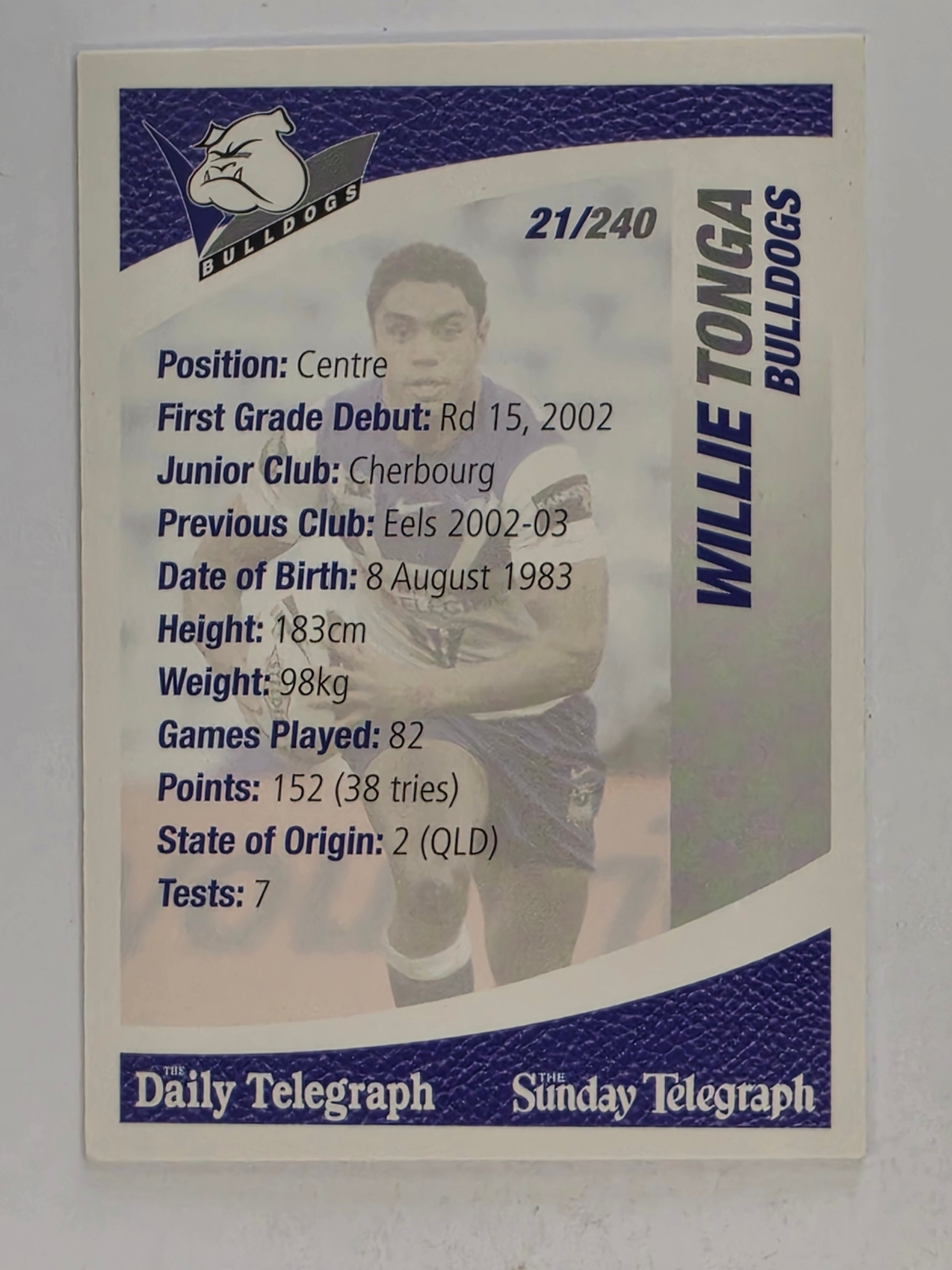 NRL 2008 Daily Telegraph | #021 | Willie Tonga | Canterbury Bankstown Bulldogs