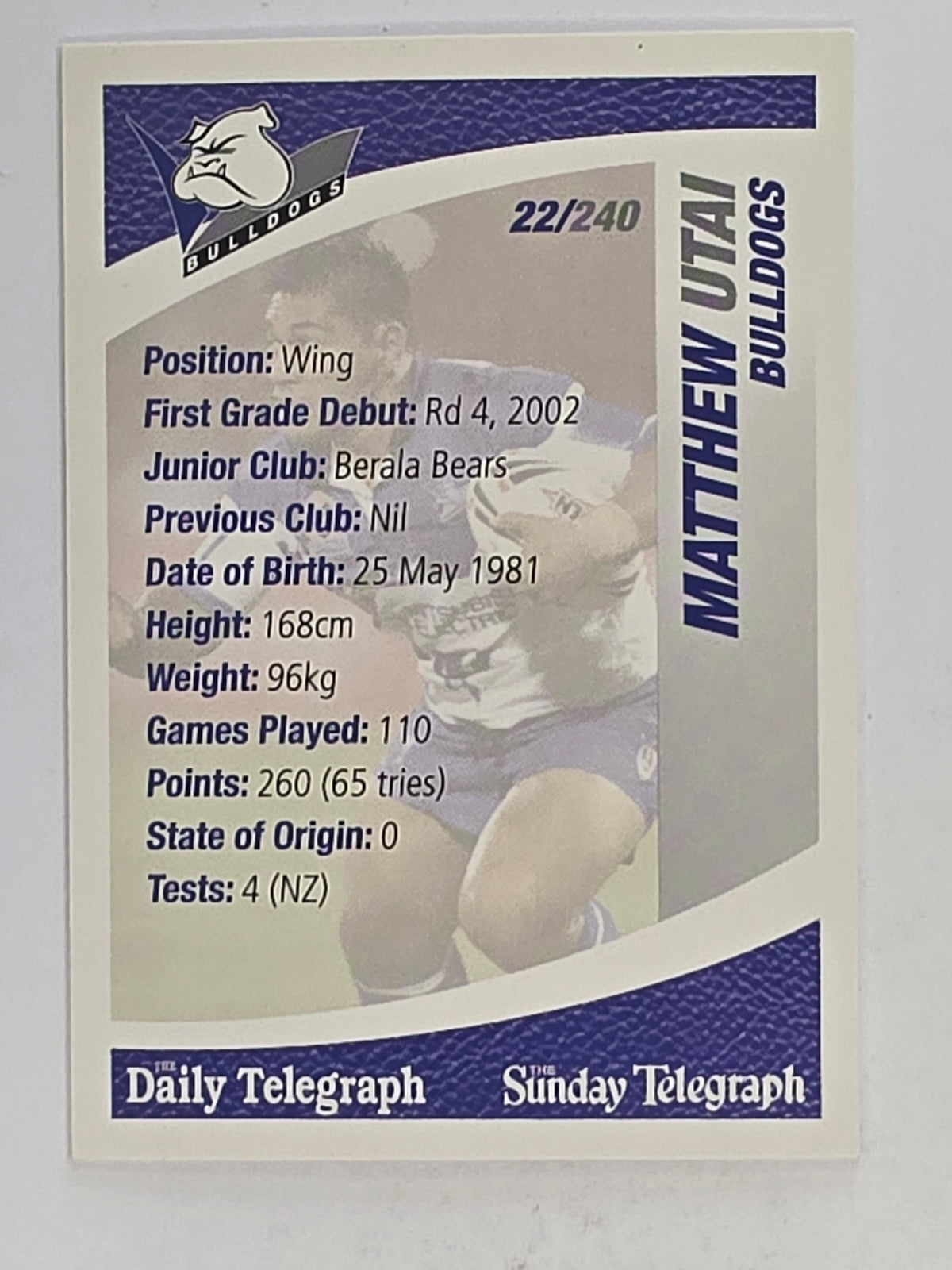 NRL 2008 Daily Telegraph | #022 | Matt Utai | Canterbury Bankstown Bulldogs