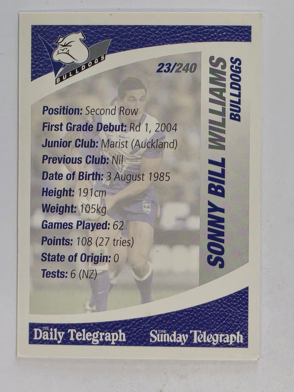 NRL 2008 Daily Telegraph | #023 | Sonny Bill Williams | Canterbury Bankstown Bulldogs