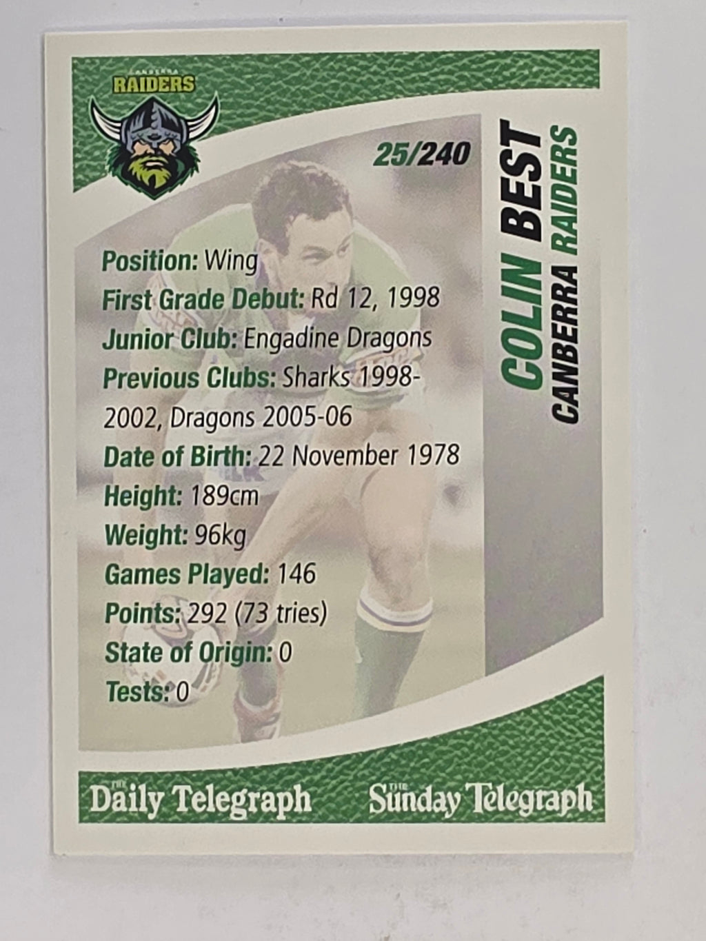 NRL 2008 Daily Telegraph | #025 | Colin Best | Canberra Raiders