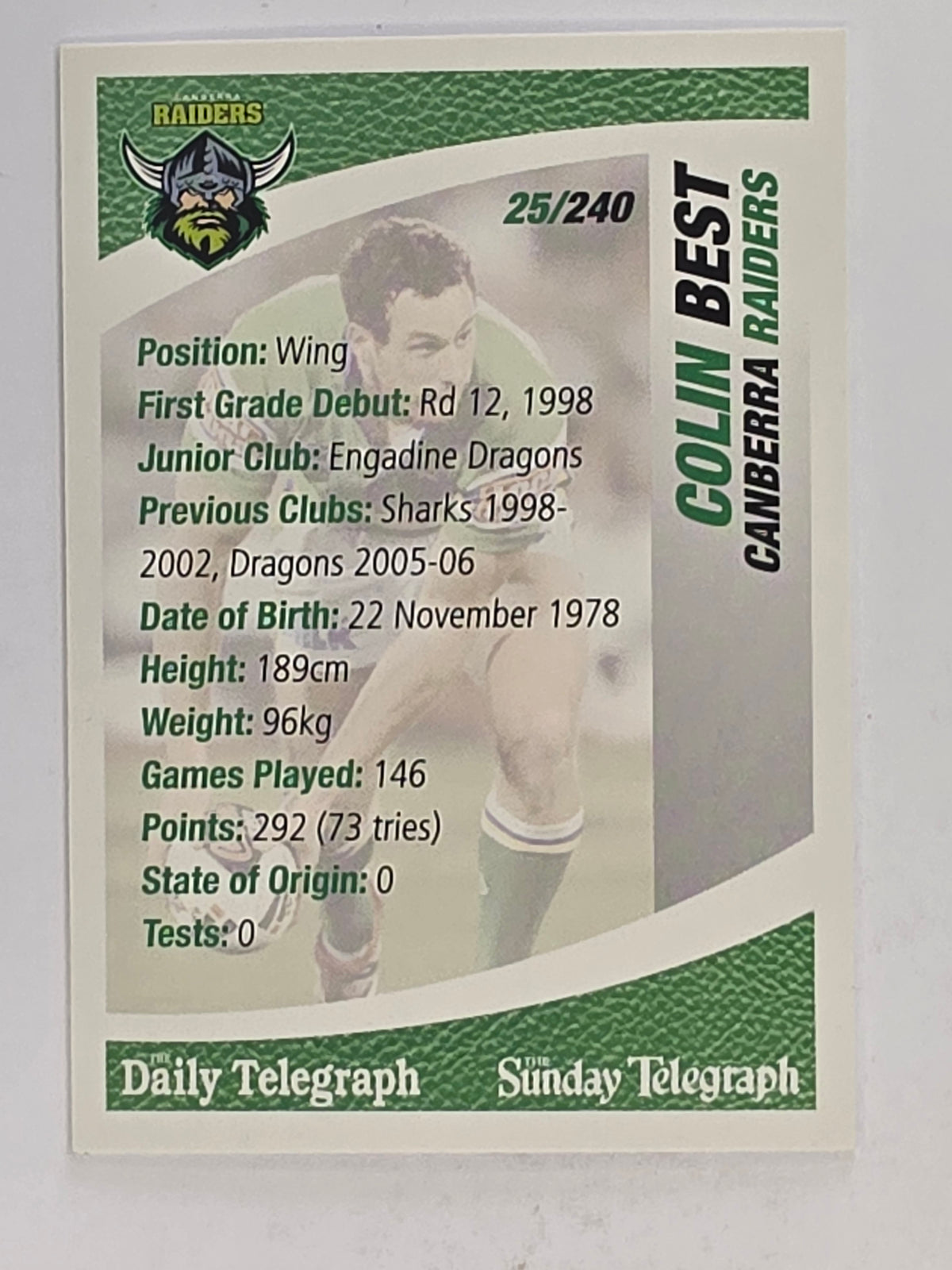 NRL 2008 Daily Telegraph | #025 | Colin Best | Canberra Raiders