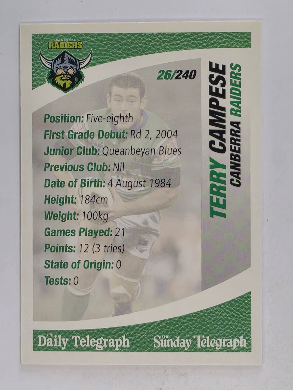 NRL 2008 Daily Telegraph | #026 | Terry Campese | Canberra Raiders