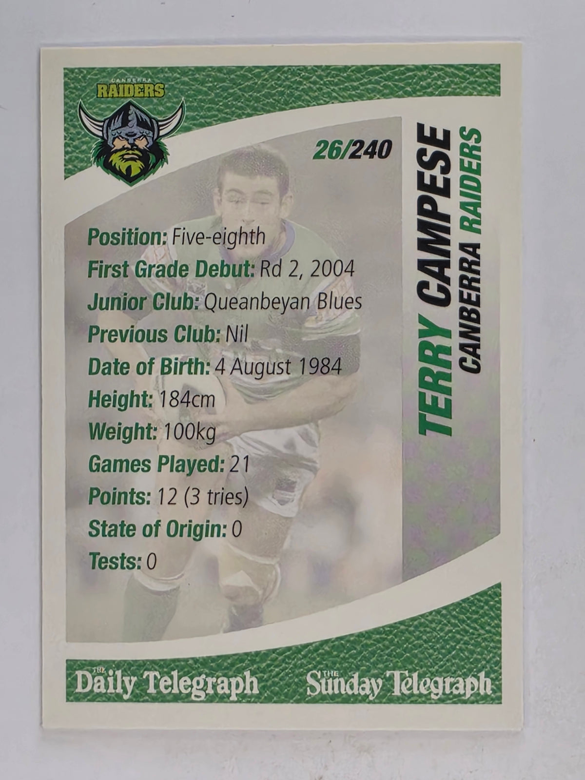 NRL 2008 Daily Telegraph | #026 | Terry Campese | Canberra Raiders