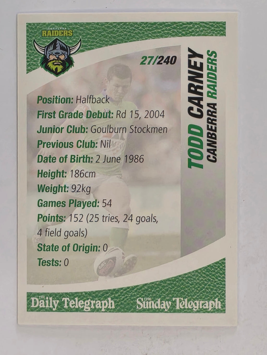 NRL 2008 Daily Telegraph | #027 | Todd Carney | Canberra Raiders