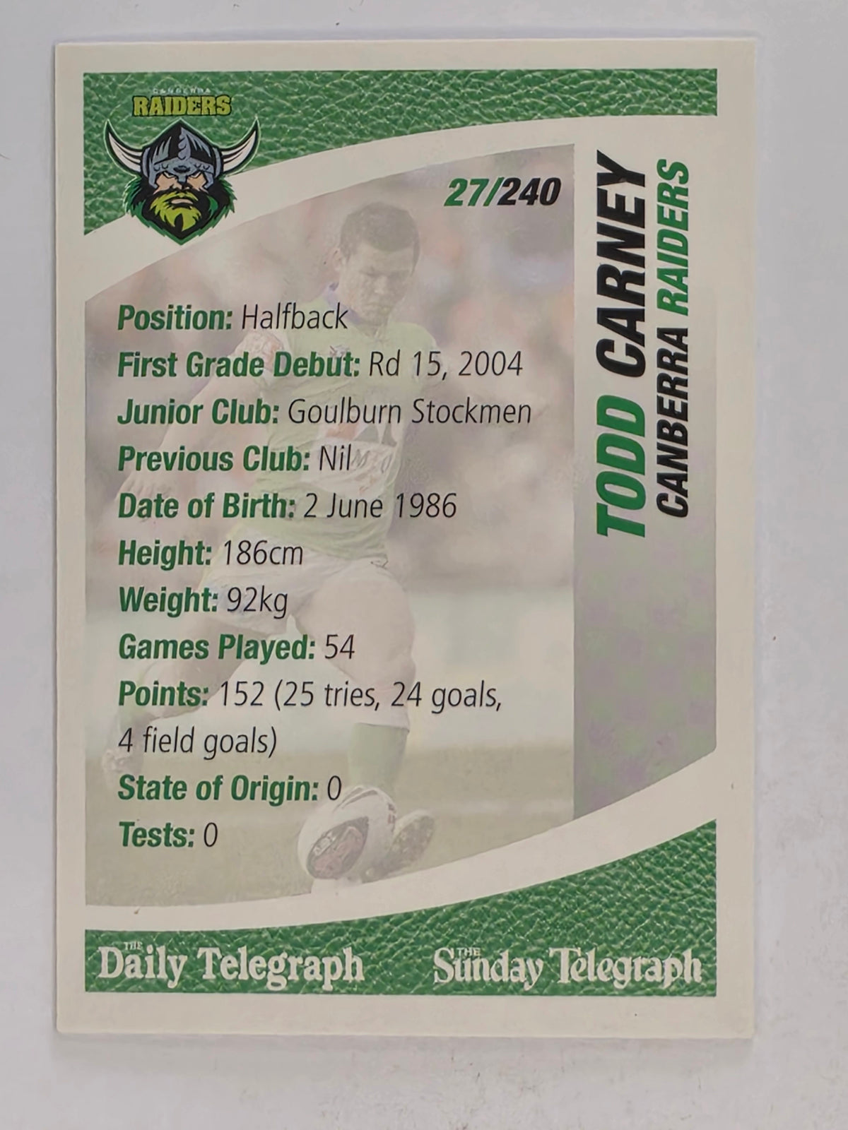 NRL 2008 Daily Telegraph | #027 | Todd Carney | Canberra Raiders