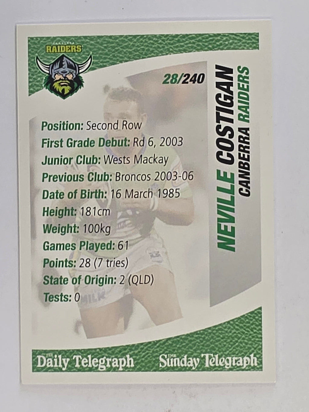 NRL 2008 Daily Telegraph | #028 | Neville Costigan | Canberra Raiders