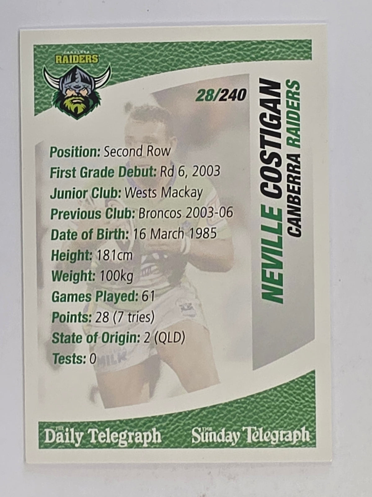 NRL 2008 Daily Telegraph | #028 | Neville Costigan | Canberra Raiders
