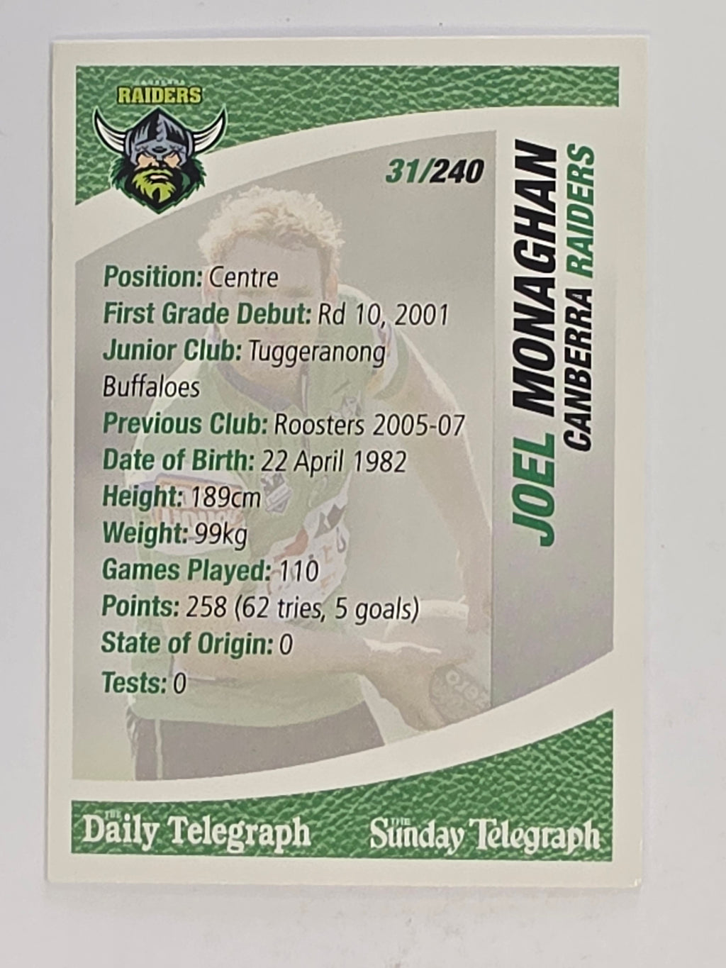 NRL 2008 Daily Telegraph | #031 | Joel Monaghan | Canberra Raiders