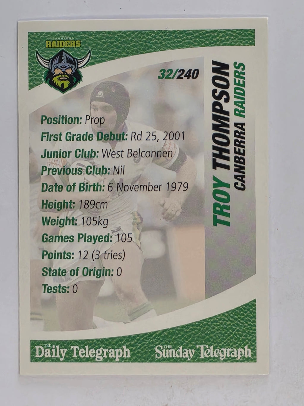 NRL 2008 Daily Telegraph | #032 | Troy Thompson | Canberra Raiders