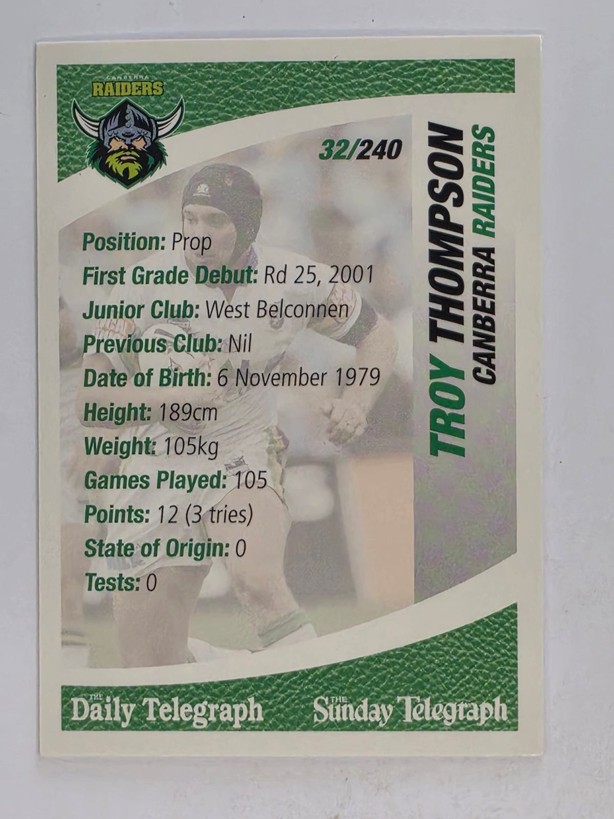 NRL 2008 Daily Telegraph | #032 | Troy Thompson | Canberra Raiders