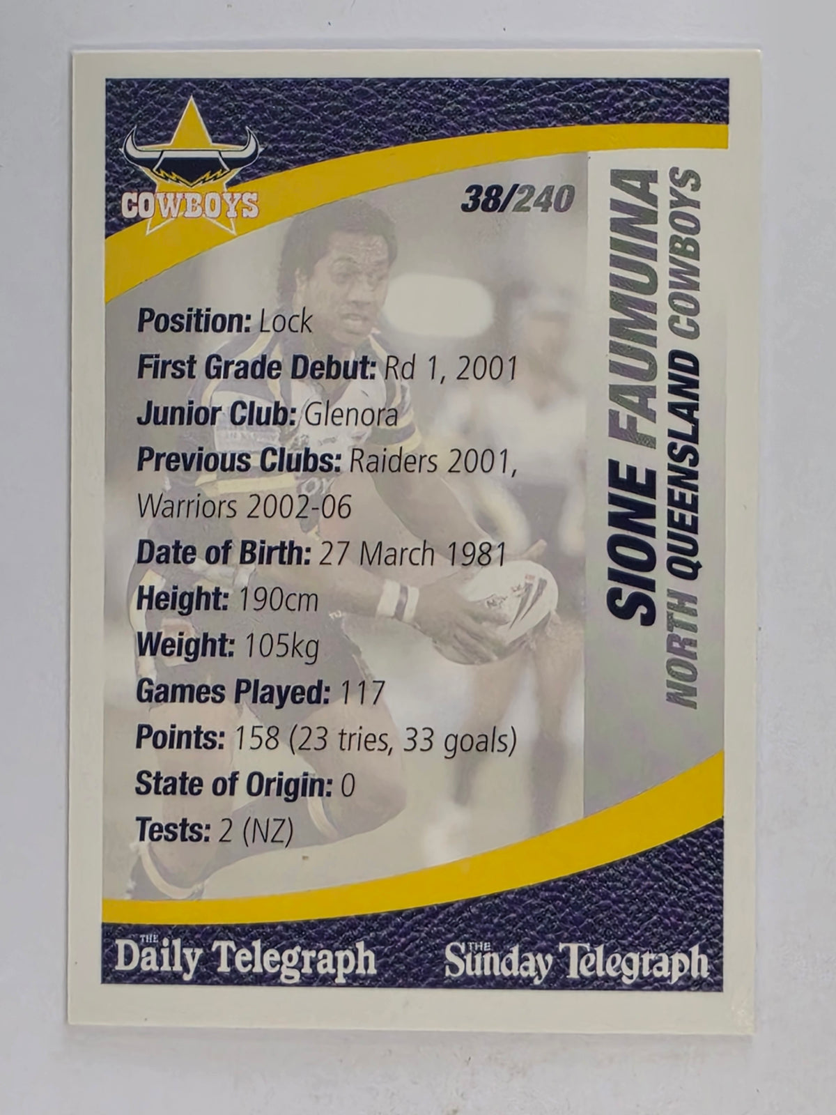 NRL 2008 Daily Telegraph | #038 | Sione Faumuina | North Queensland Cowboys