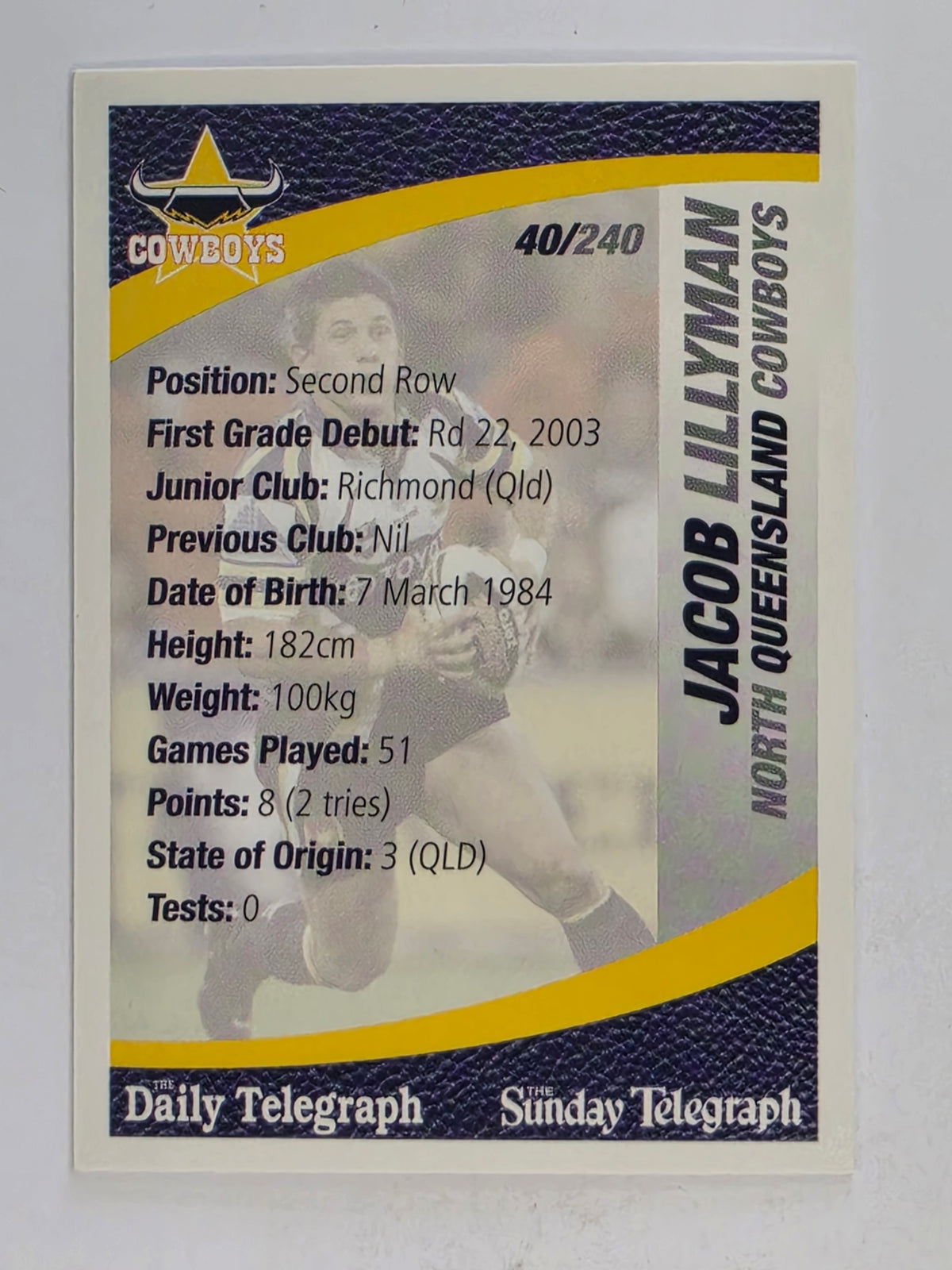 NRL 2008 Daily Telegraph | #040 | Jacob Lillyman | North Queensland Cowboys