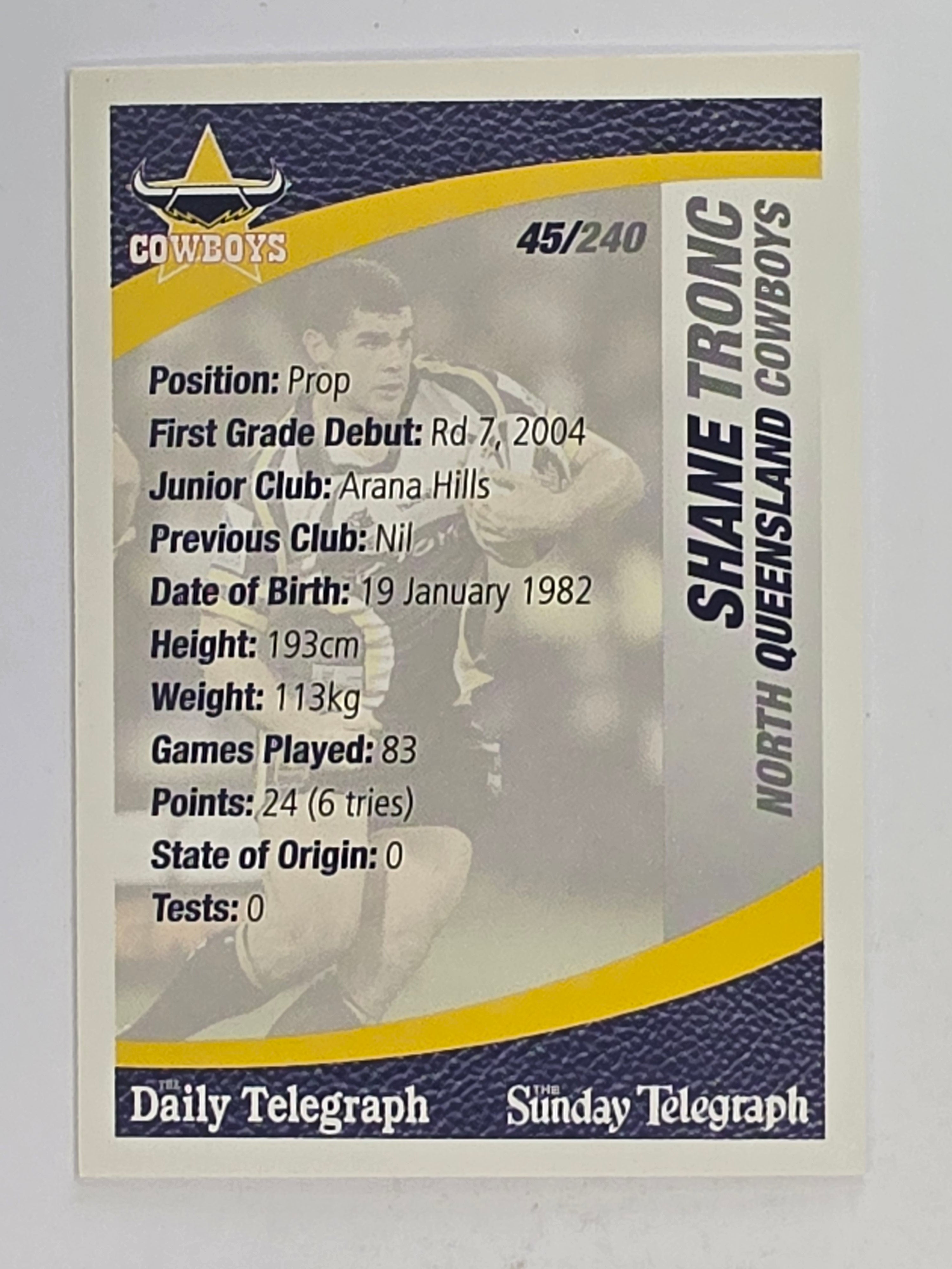 NRL 2008 Daily Telegraph | #045 | Shane Tronc | North Queensland Cowboys