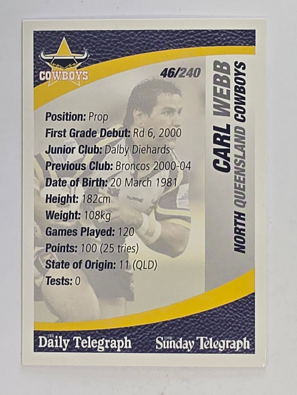 NRL 2008 Daily Telegraph | #046 | Carl Webb | North Queensland Cowboys