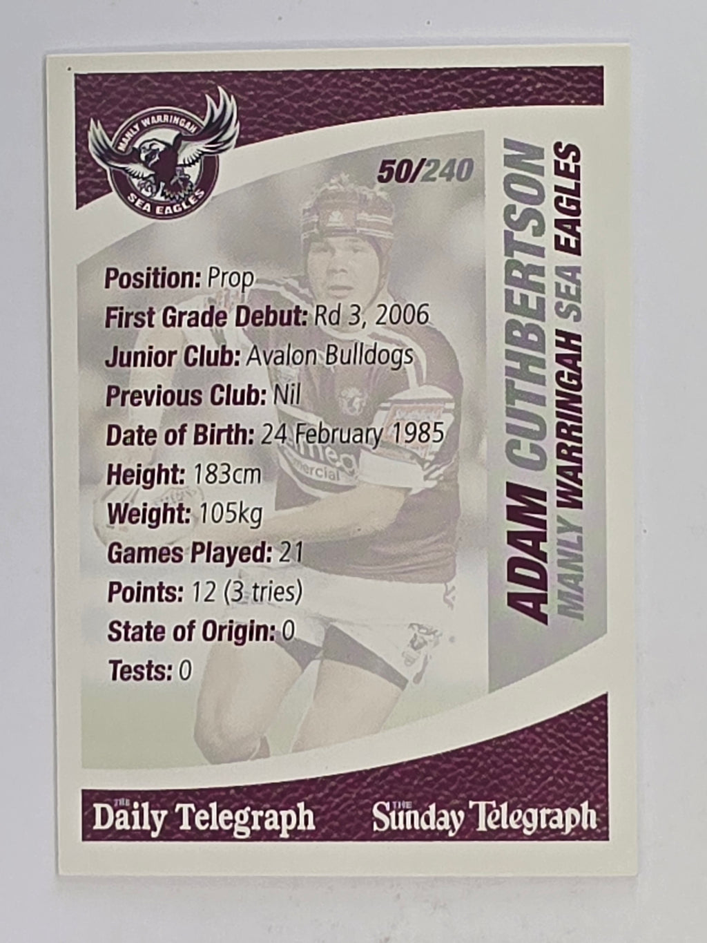 NRL 2008 Daily Telegraph | #050 | Adam Cuthbertson | Manly Warringah Sea Eagles