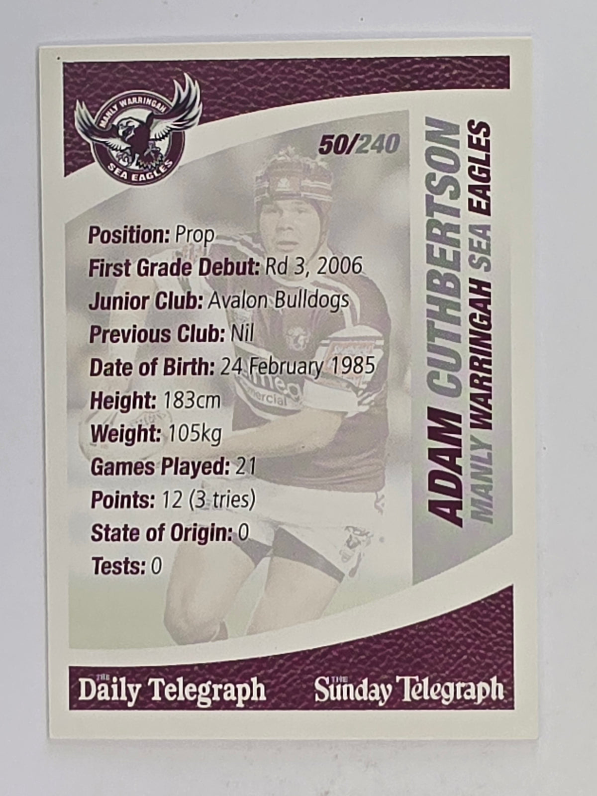 NRL 2008 Daily Telegraph | #050 | Adam Cuthbertson | Manly Warringah Sea Eagles