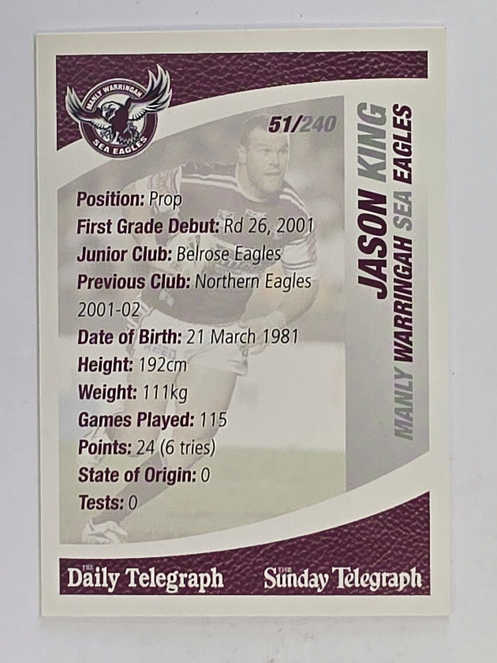 NRL 2008 Daily Telegraph | #051 | Jason King | Manly Warringah Sea Eagles