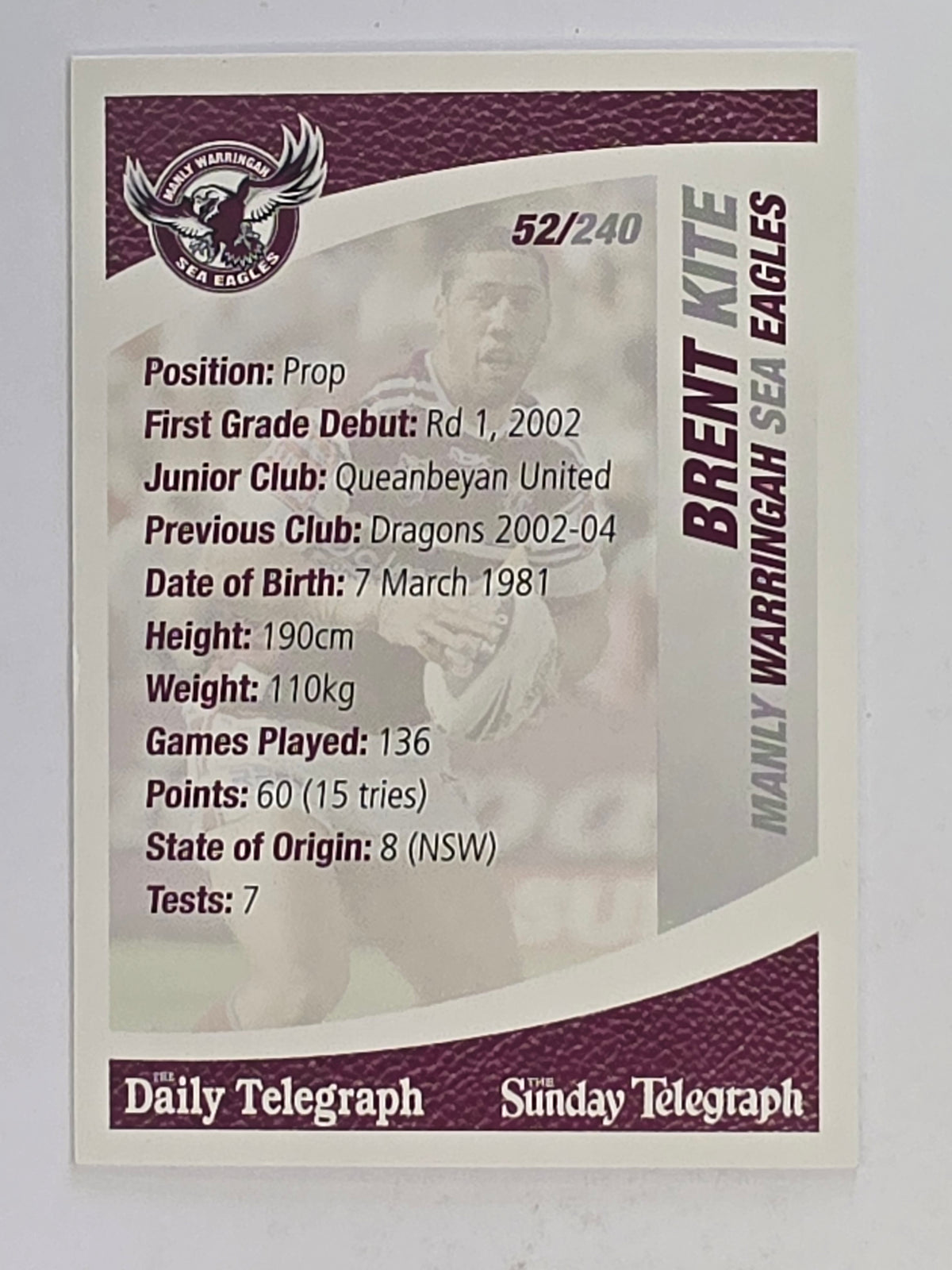 NRL 2008 Daily Telegraph | #052 | Brent Kite | Manly Warringah Sea Eagles