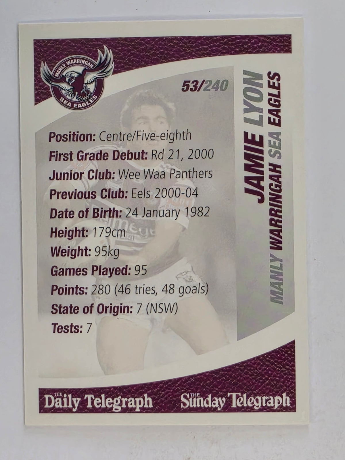 NRL 2008 Daily Telegraph | #053 | Jamie Lyon | Manly Warringah Sea Eagles