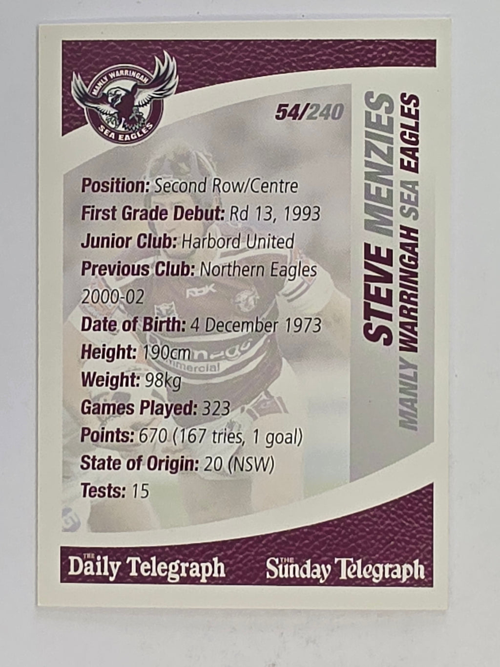 NRL 2008 Daily Telegraph | #054 | Steve Menzies | Manly Warringah Sea Eagles