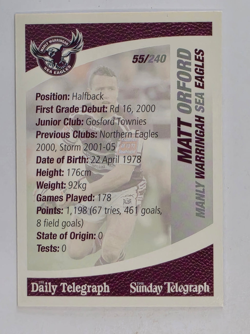 NRL 2008 Daily Telegraph | #055 | Matt Orford | Manly Warringah Sea Eagles