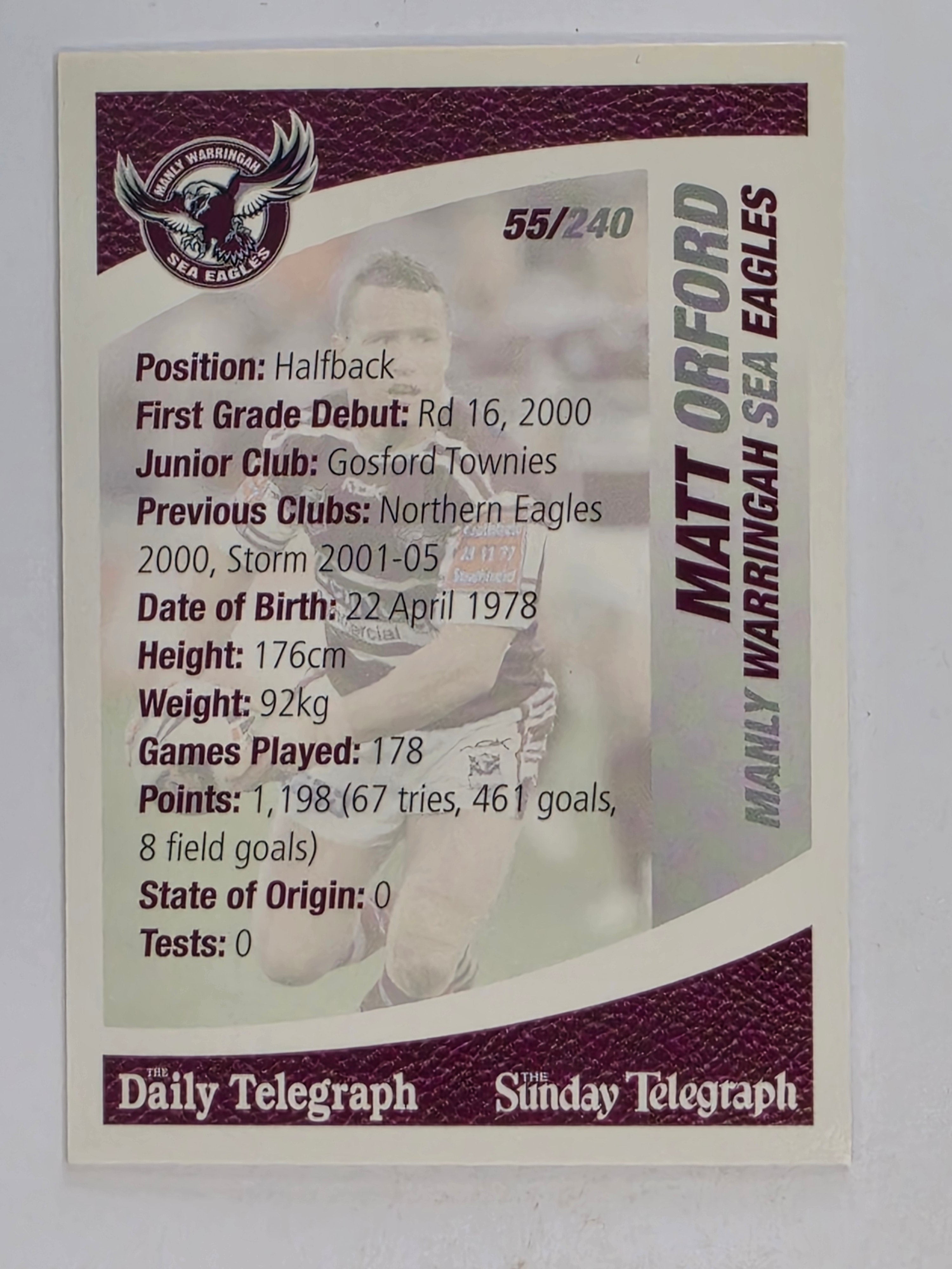 NRL 2008 Daily Telegraph | #055 | Matt Orford | Manly Warringah Sea Eagles