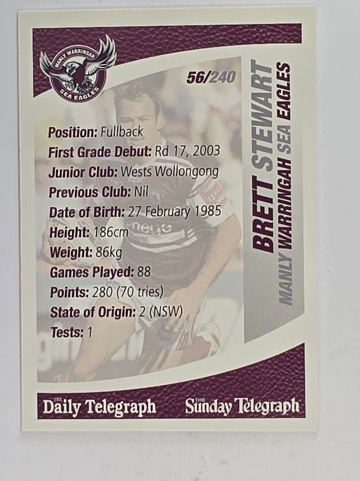 NRL 2008 Daily Telegraph | #056 | Brett Stewart | Manly Warringah Sea Eagles