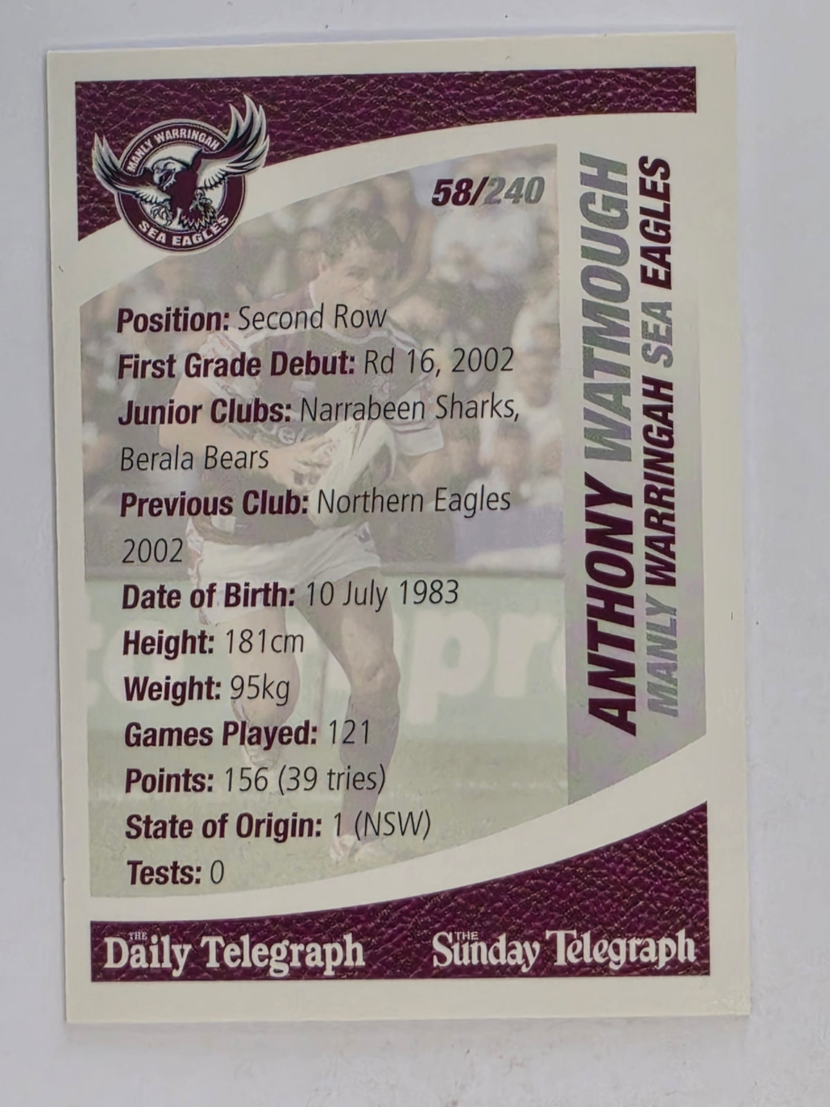 NRL 2008 Daily Telegraph | #058 | Anthony Watmough | Manly Warringah Sea Eagles