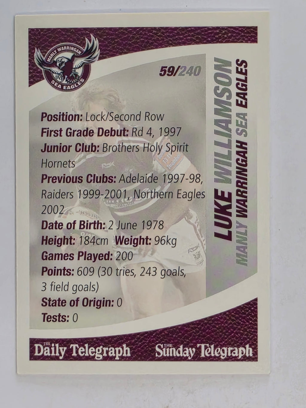 NRL 2008 Daily Telegraph | #059 | Luke Williamson | Manly Warringah Sea Eagles