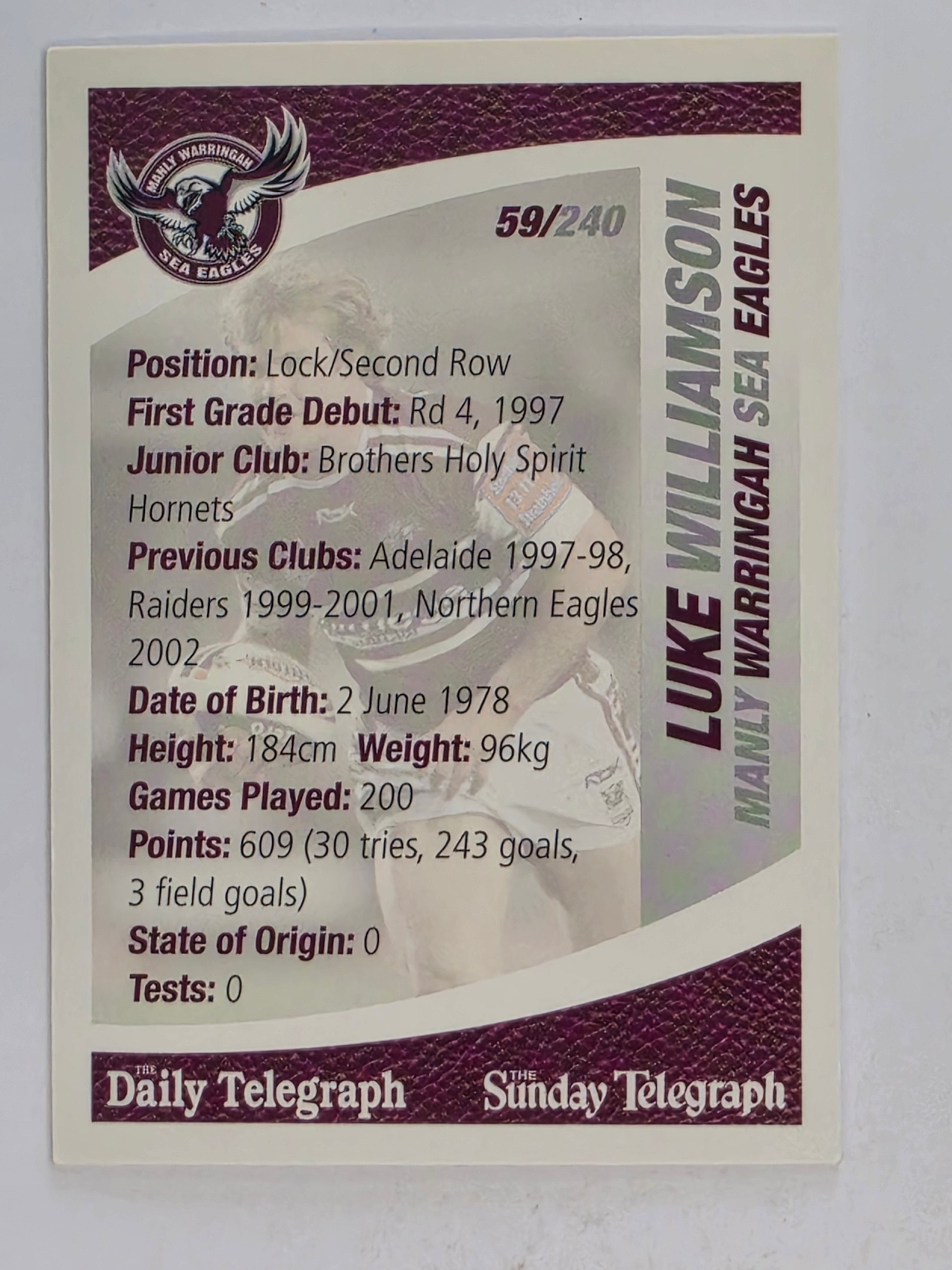NRL 2008 Daily Telegraph | #059 | Luke Williamson | Manly Warringah Sea Eagles