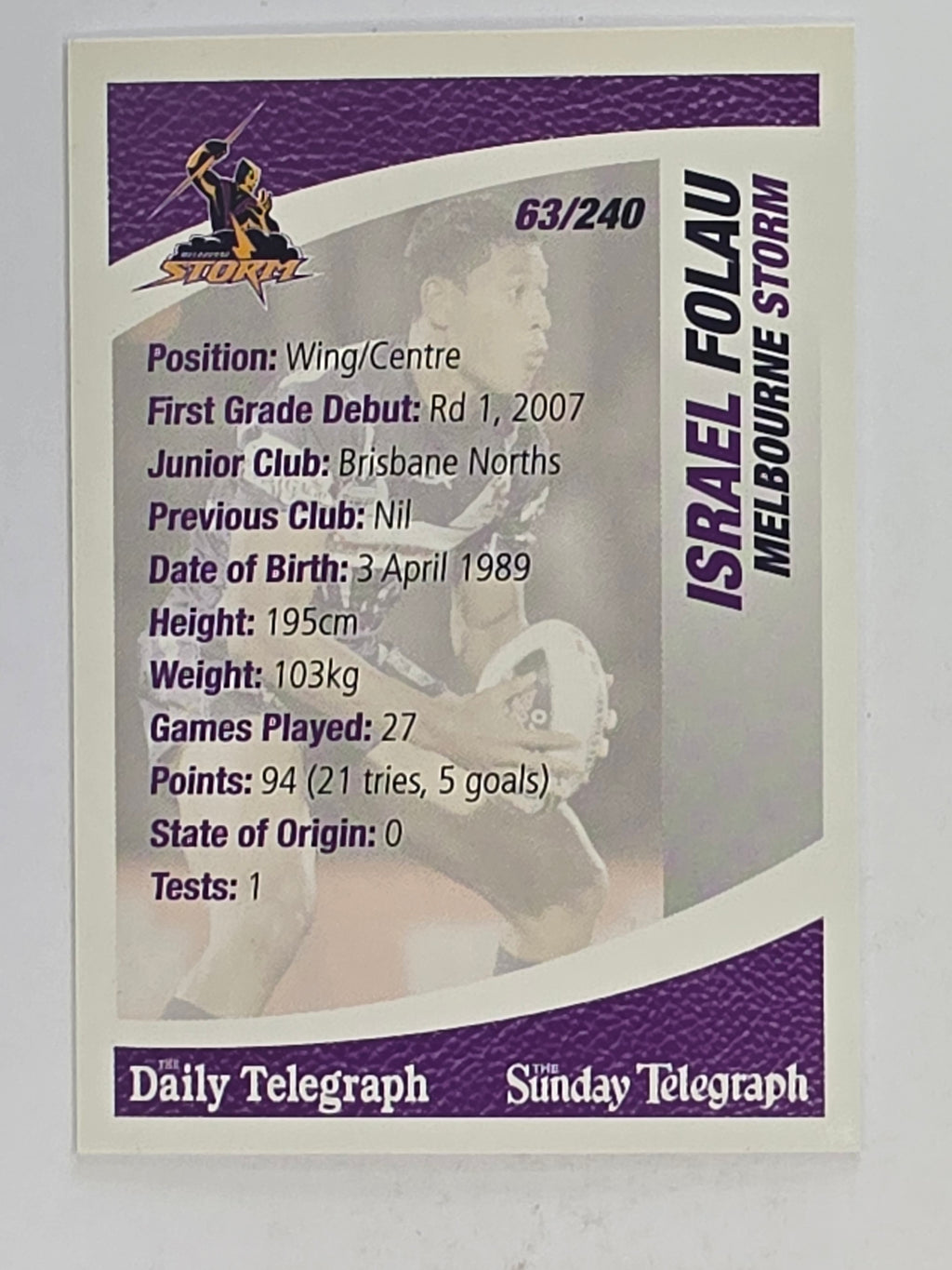 NRL 2008 Daily Telegraph | #063 | Israel Folau | Melbourne Storm