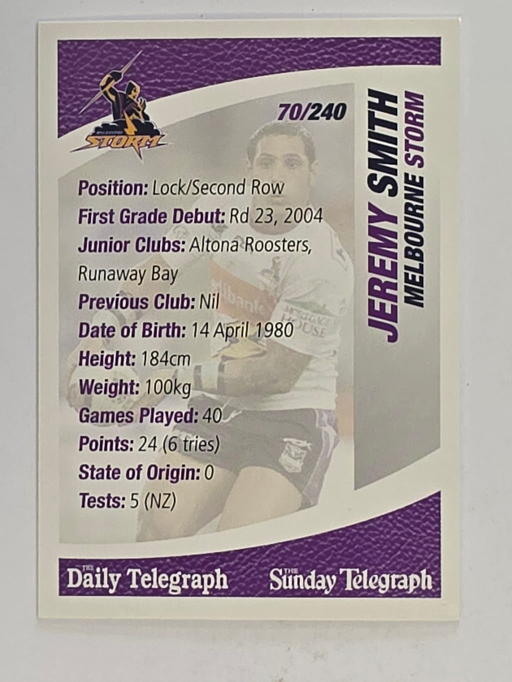 NRL 2008 Daily Telegraph | #070 | Jeremy Smith | Melbourne Storm