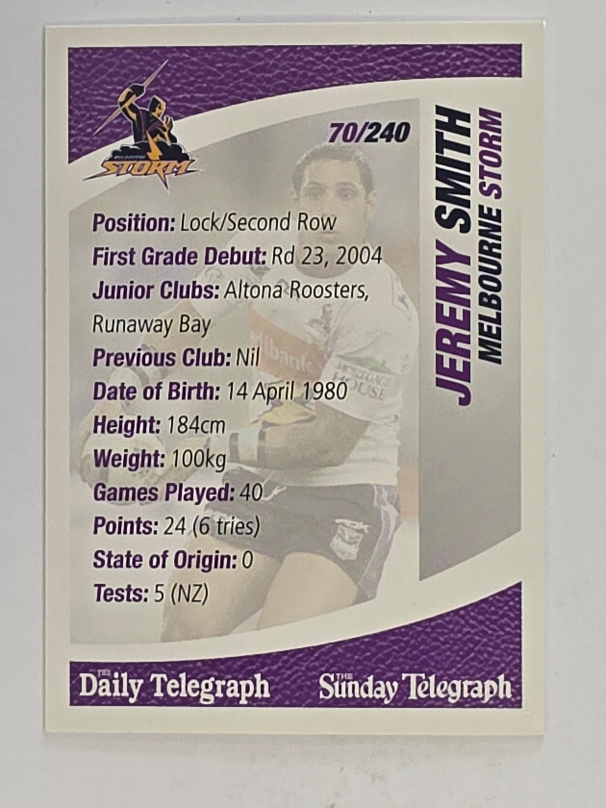 NRL 2008 Daily Telegraph | #070 | Jeremy Smith | Melbourne Storm