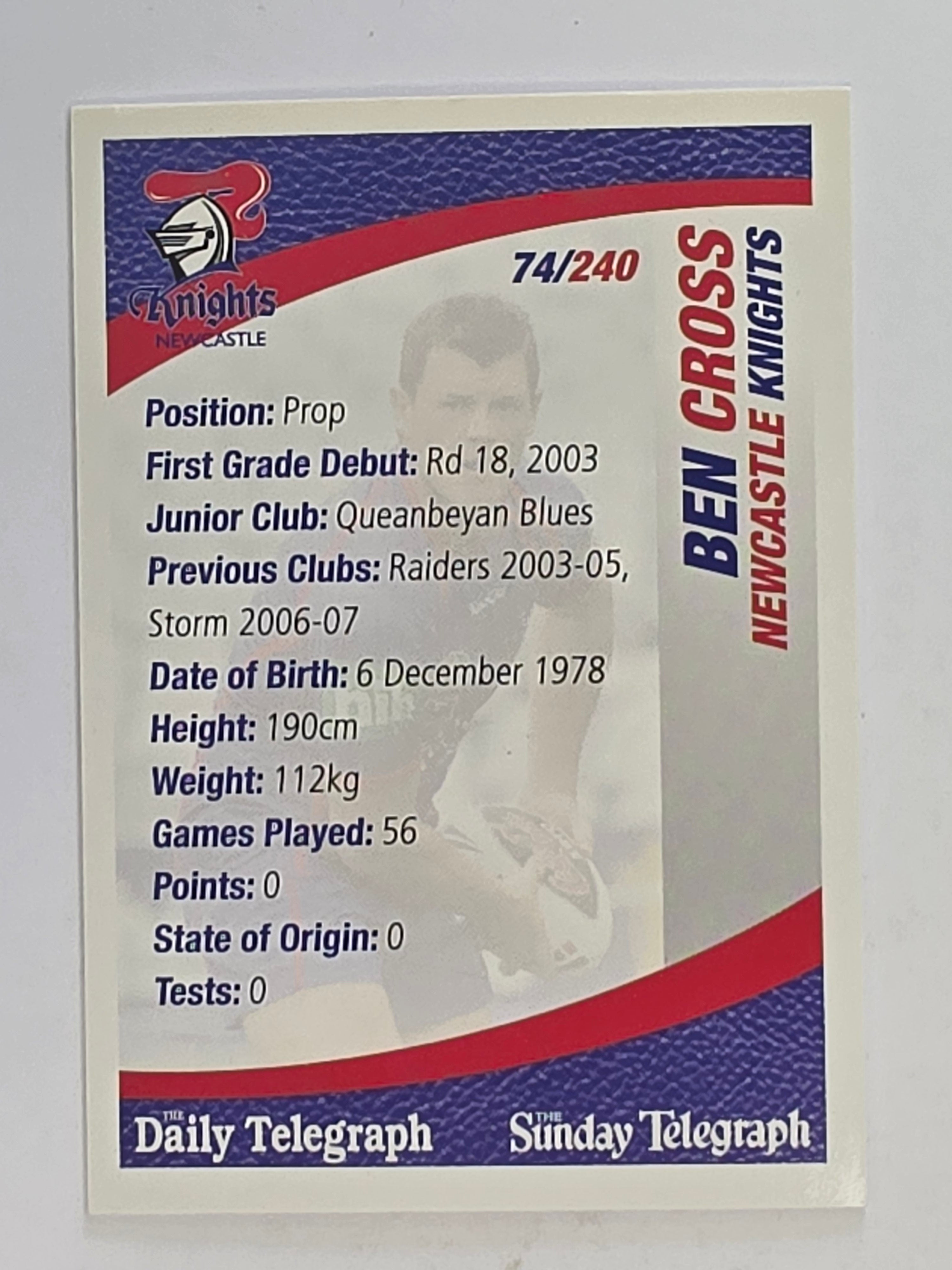NRL 2008 Daily Telegraph | #074 | Ben Cross | Newcastle Knights
