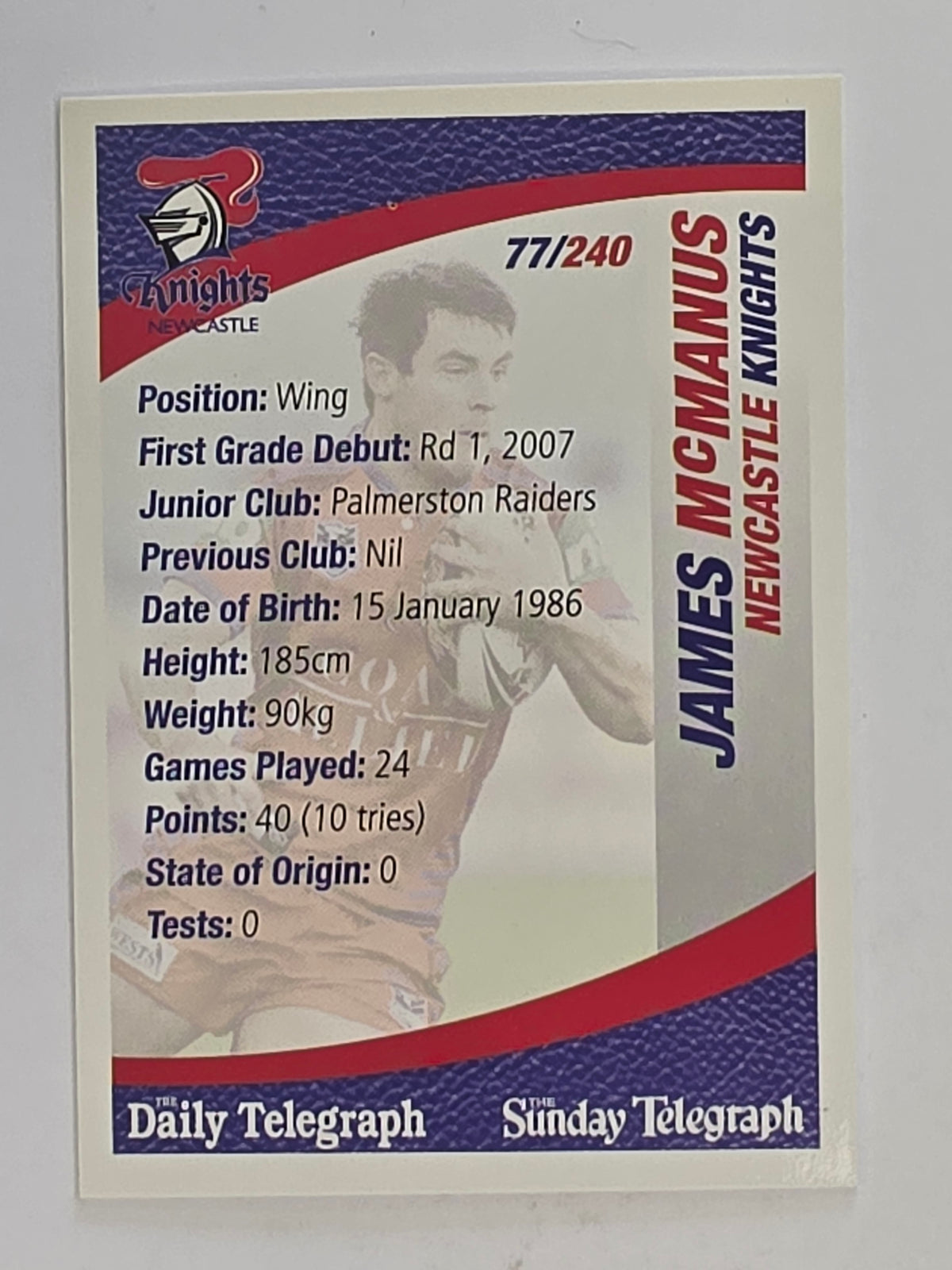NRL 2008 Daily Telegraph | #077 | James McManus | Newcastle Knights