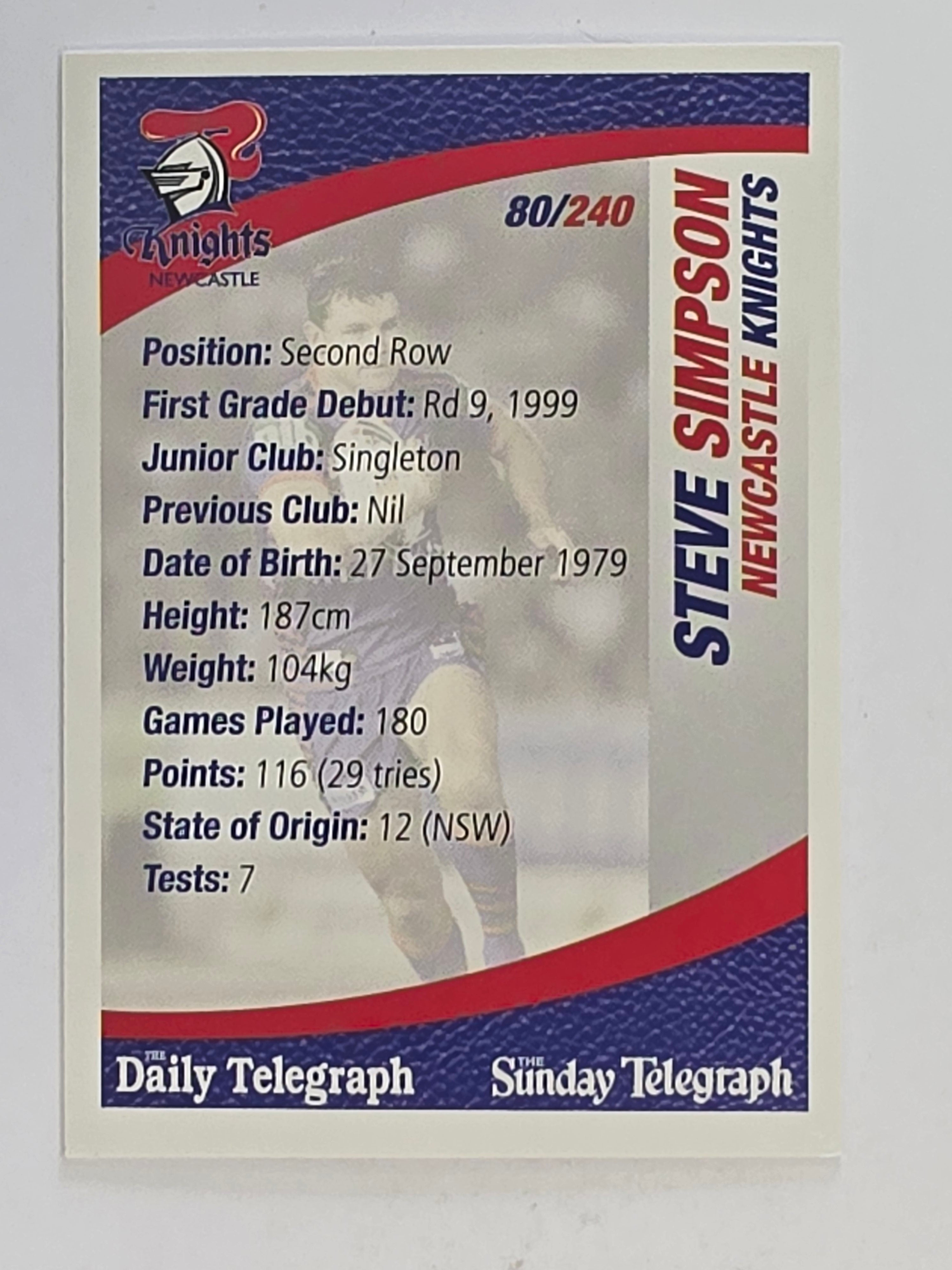 NRL 2008 Daily Telegraph | #080 | Steve Simpson | Newcastle Knights