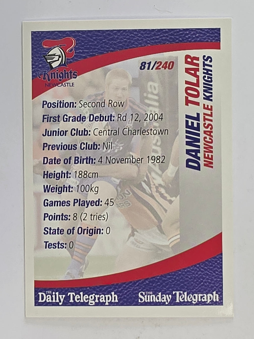 NRL 2008 Daily Telegraph | #081 | Daniel Tolar | Newcastle Knights