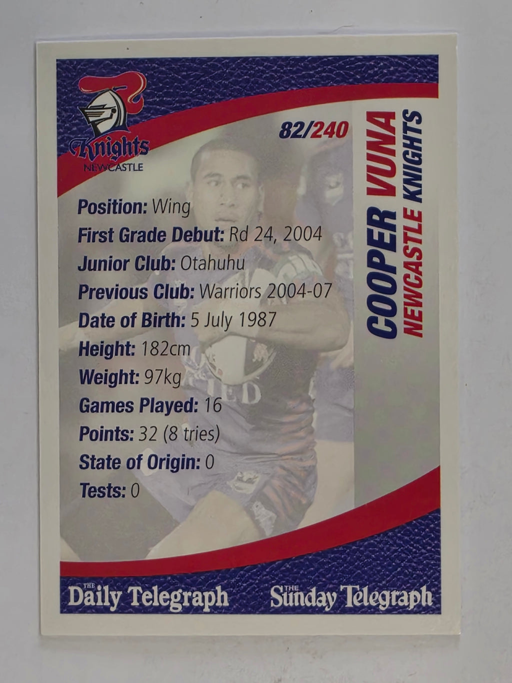 NRL 2008 Daily Telegraph | #082 | Cooper Vuna | Newcastle Knights