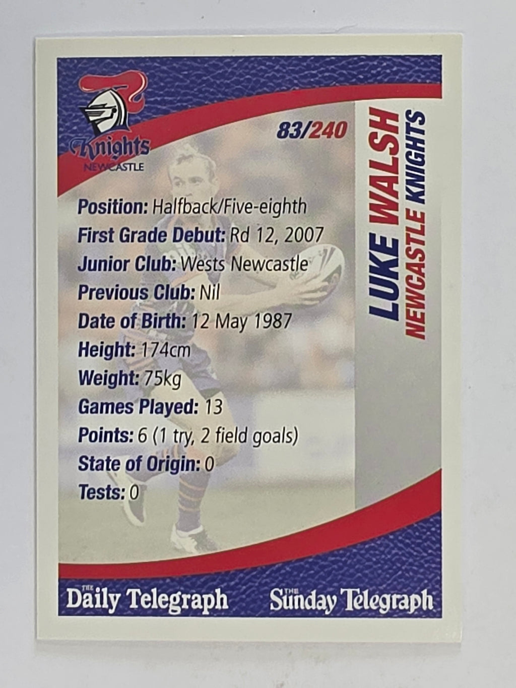 NRL 2008 Daily Telegraph | #083 | Luke Walsh | Newcastle Knights