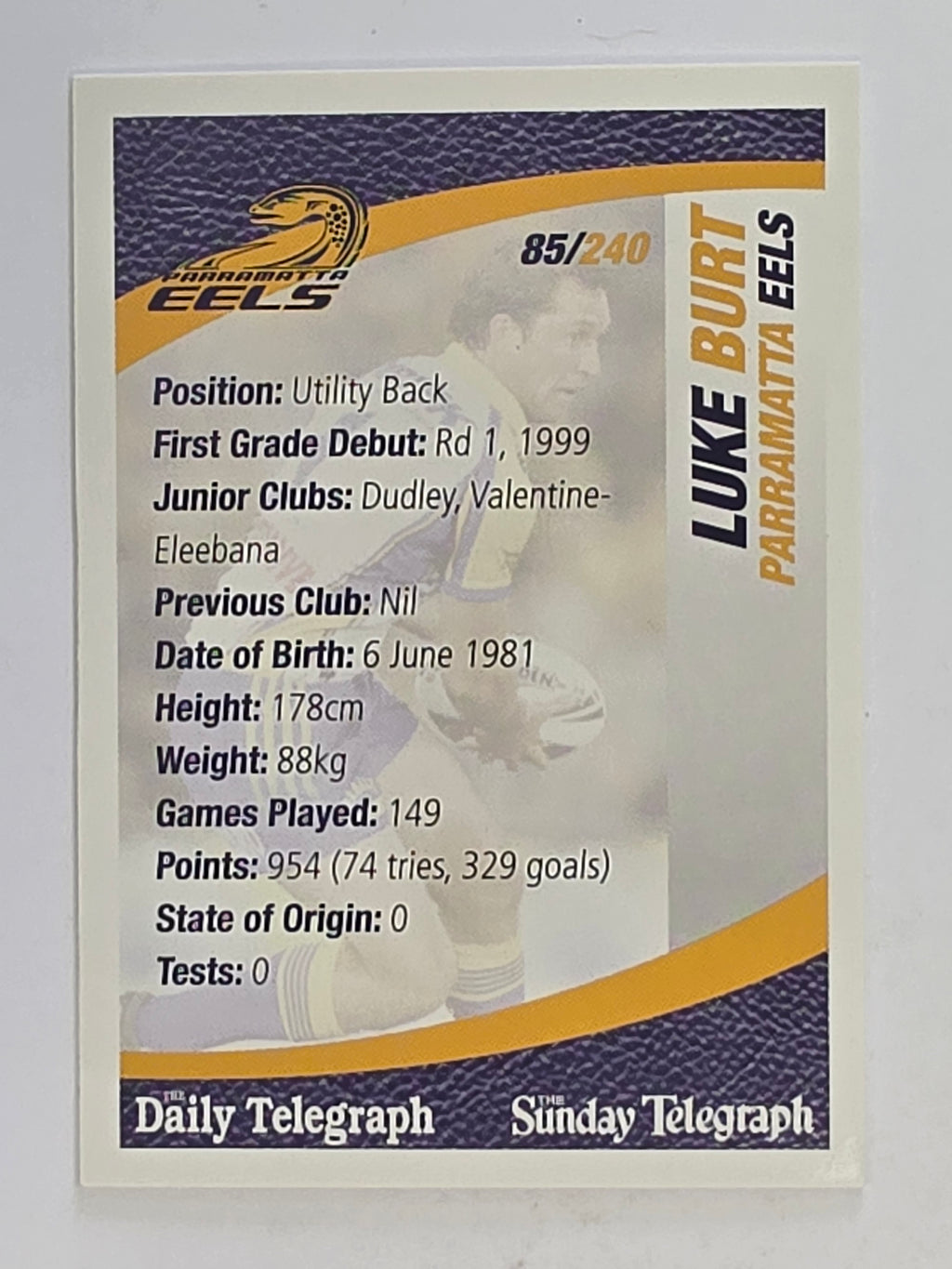 NRL 2008 Daily Telegraph | #085 | Luke Burt | Parramatta Eels