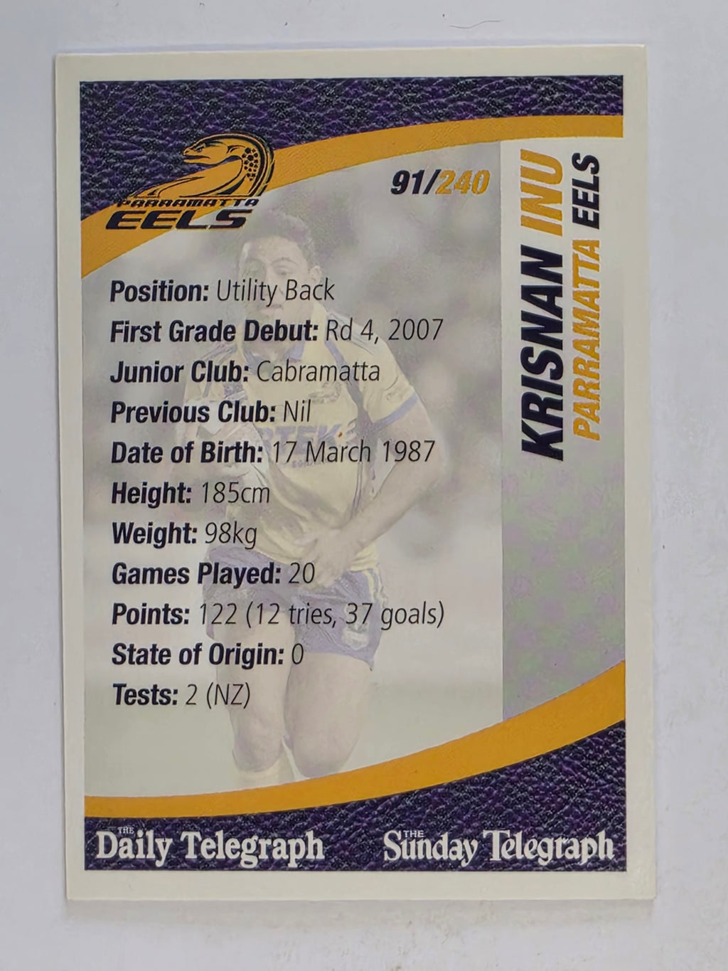 NRL 2008 Daily Telegraph | #091 | Krisnan Inu | Parramatta Eels