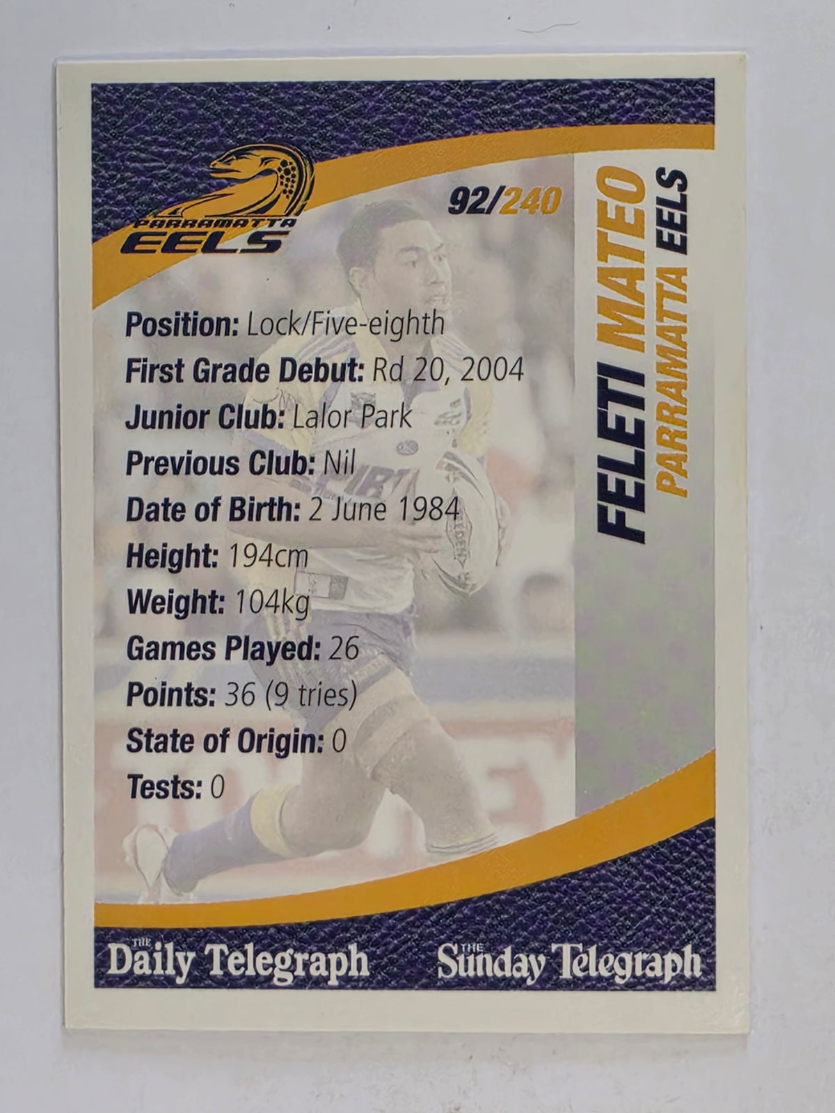 NRL 2008 Daily Telegraph | #092 | Feleti Mateo | Parramatta Eels